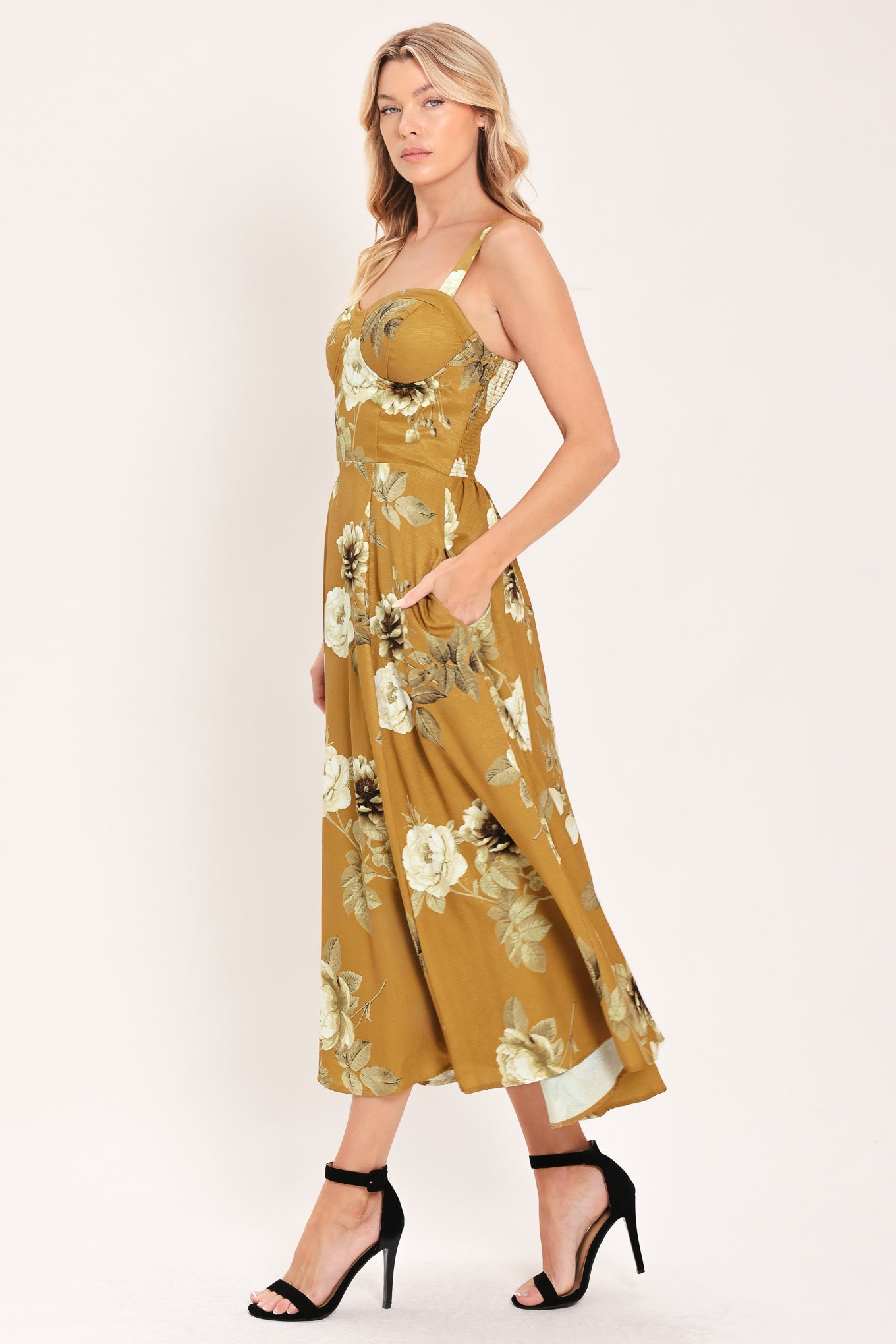 MUSTARD ROSETTE MELODY MIDI DRESS