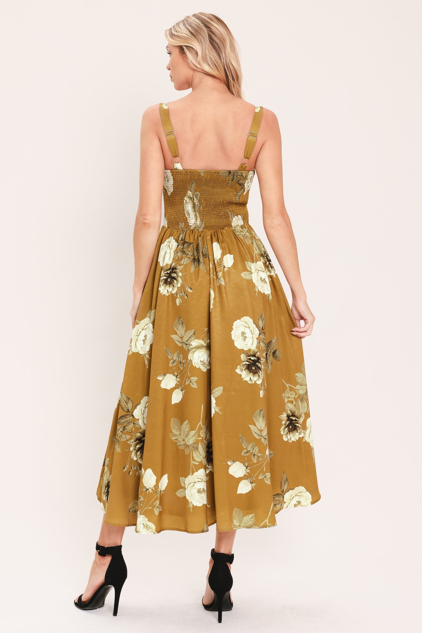 MUSTARD ROSETTE MELODY MIDI DRESS