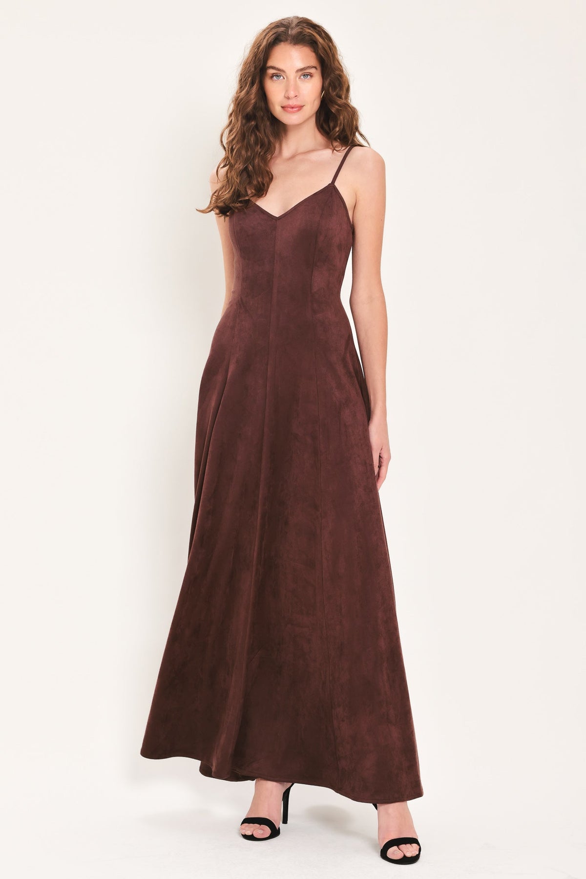 Raisin Brown Faux Suede V-Neck Maxi Dress in Raisin, alternate view | Lady Black Tie