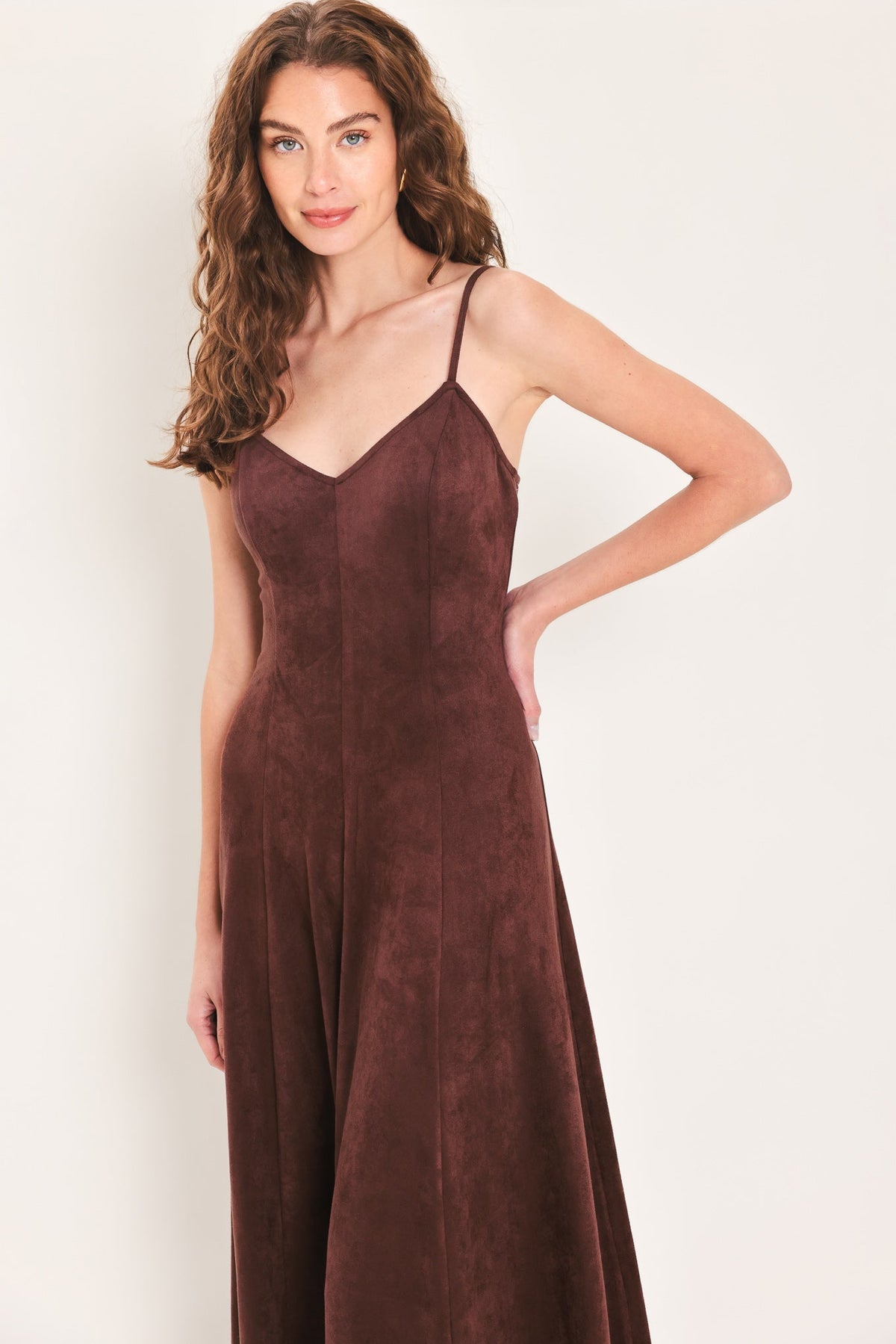 Raisin Brown Faux Suede V-Neck Maxi Dress in Raisin, front view | Lady Black Tie