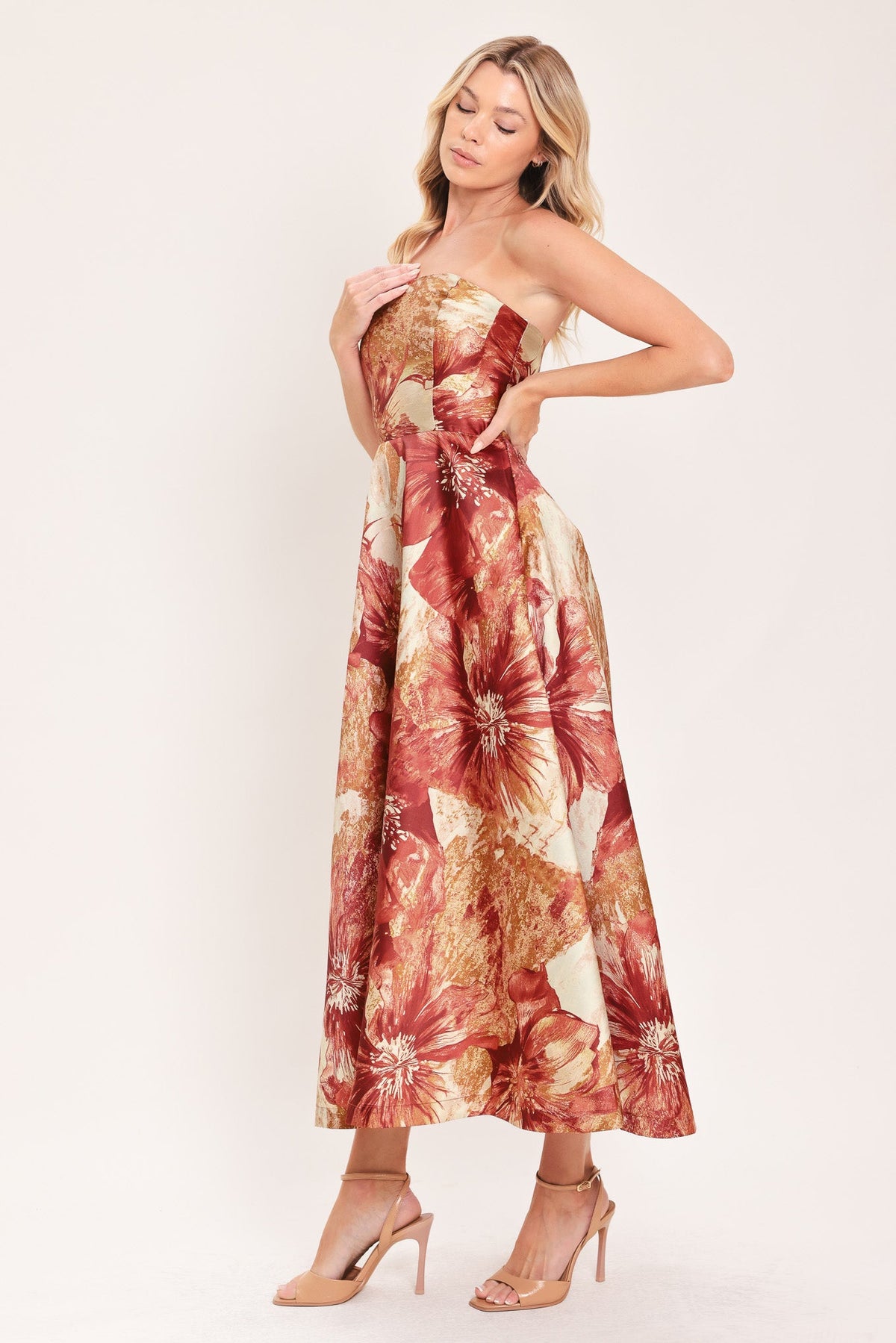 CINNAMON MUSE FLORAL MIDI DRESS | Lady Black Tie