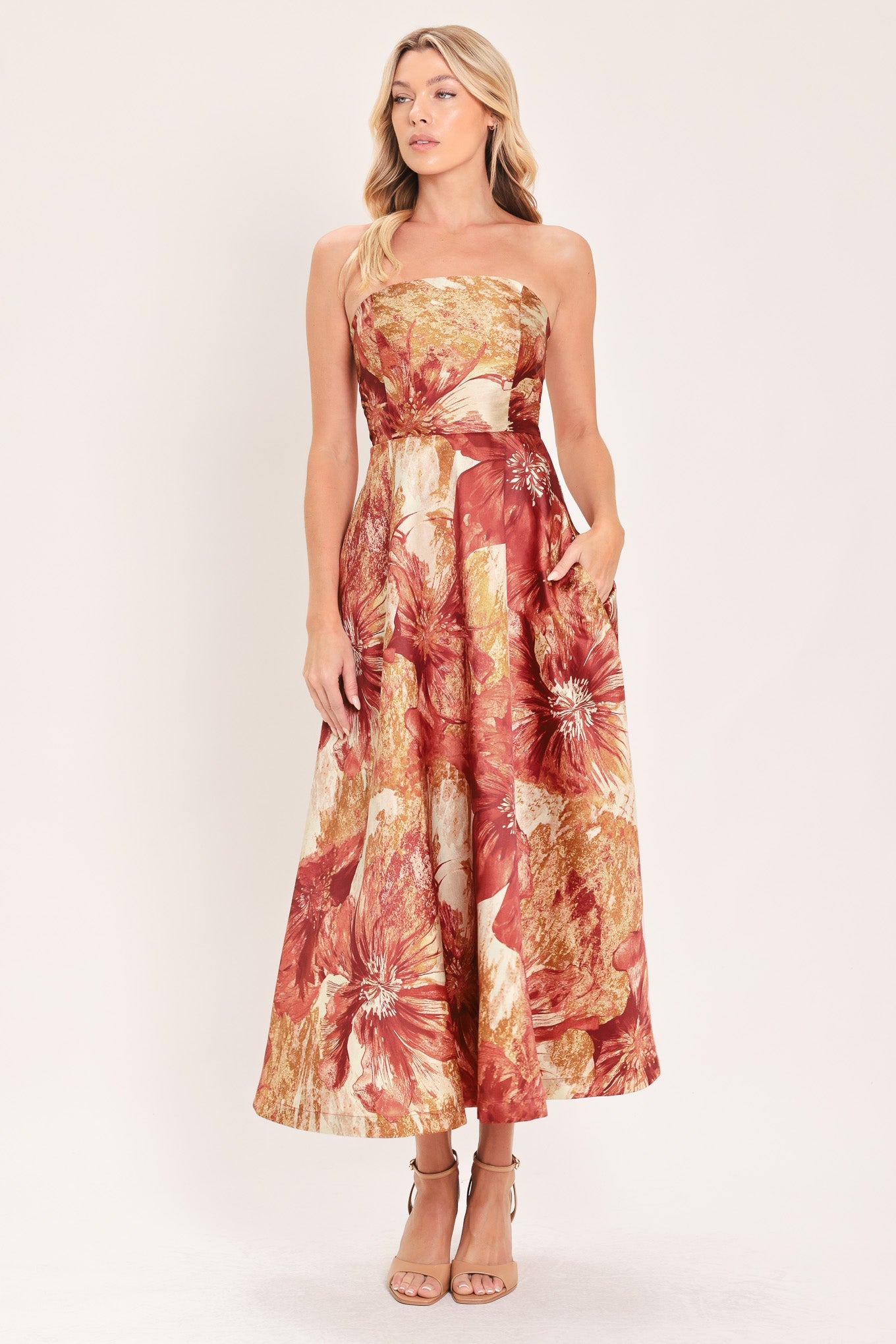 ID24366 TERRACOTTA - Cinnamon Flora Drift Woven Midi Dress | Lady Black Tie