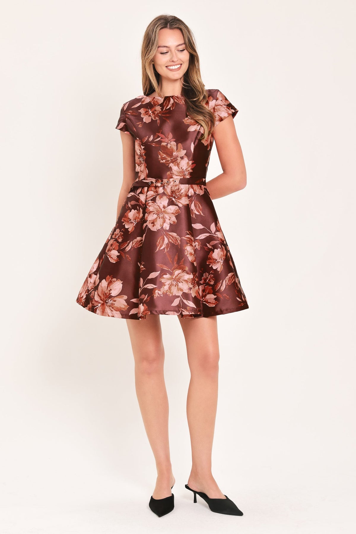 ID24389 BURGUNDY - MAHOGANY FLORAL SATIN MINI DRESS | Lady Black Tie