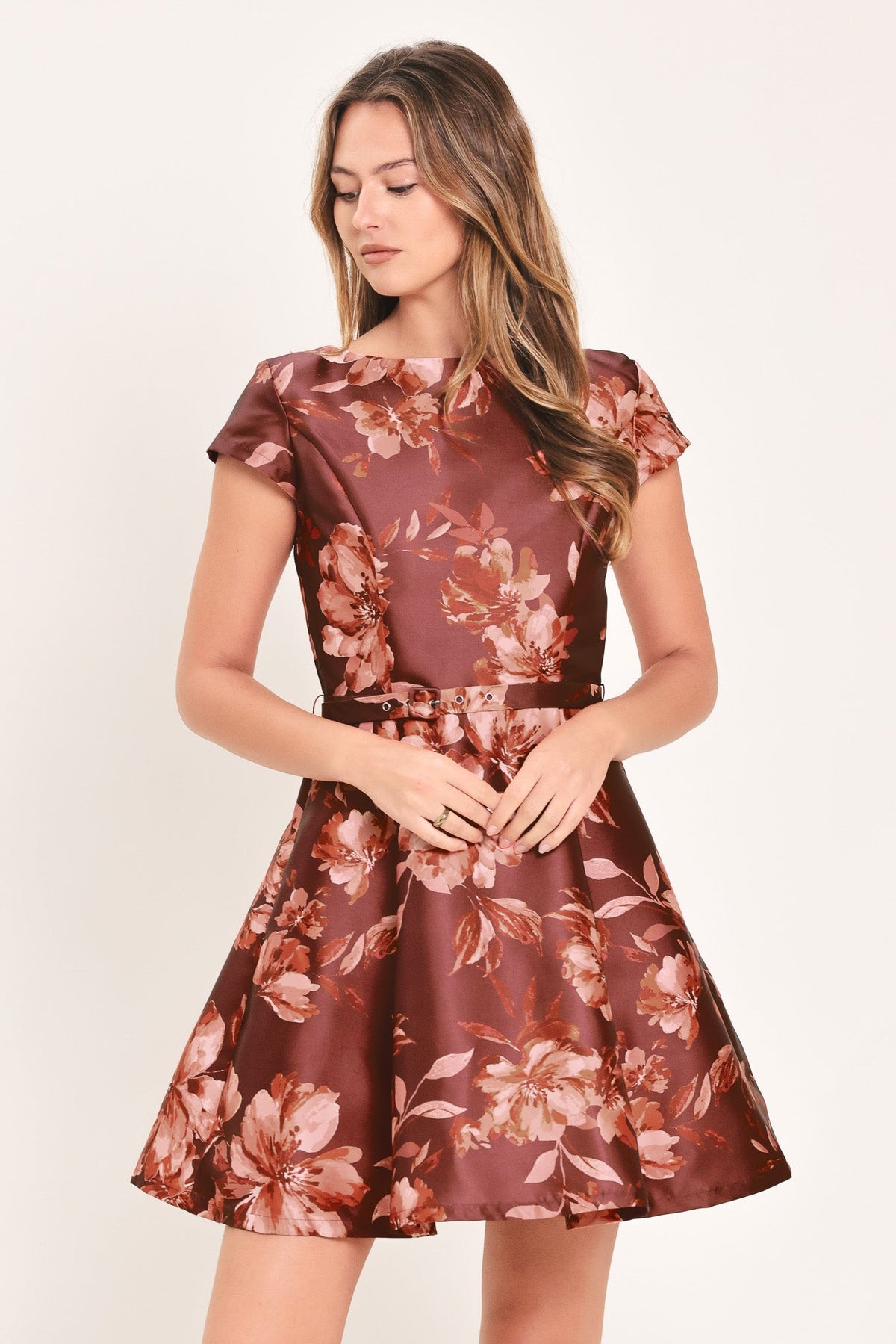 ID24389 BURGUNDY - MAHOGANY FLORAL SATIN MINI DRESS | Lady Black Tie