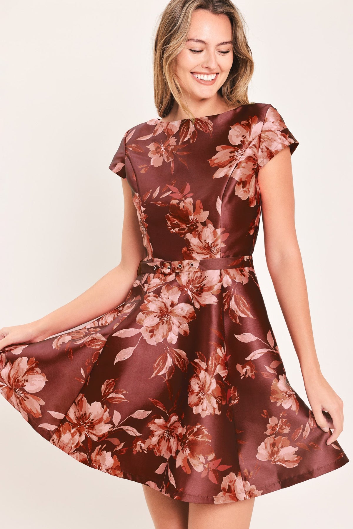 ID24389 BURGUNDY - MAHOGANY FLORAL SATIN MINI DRESS | Lady Black Tie