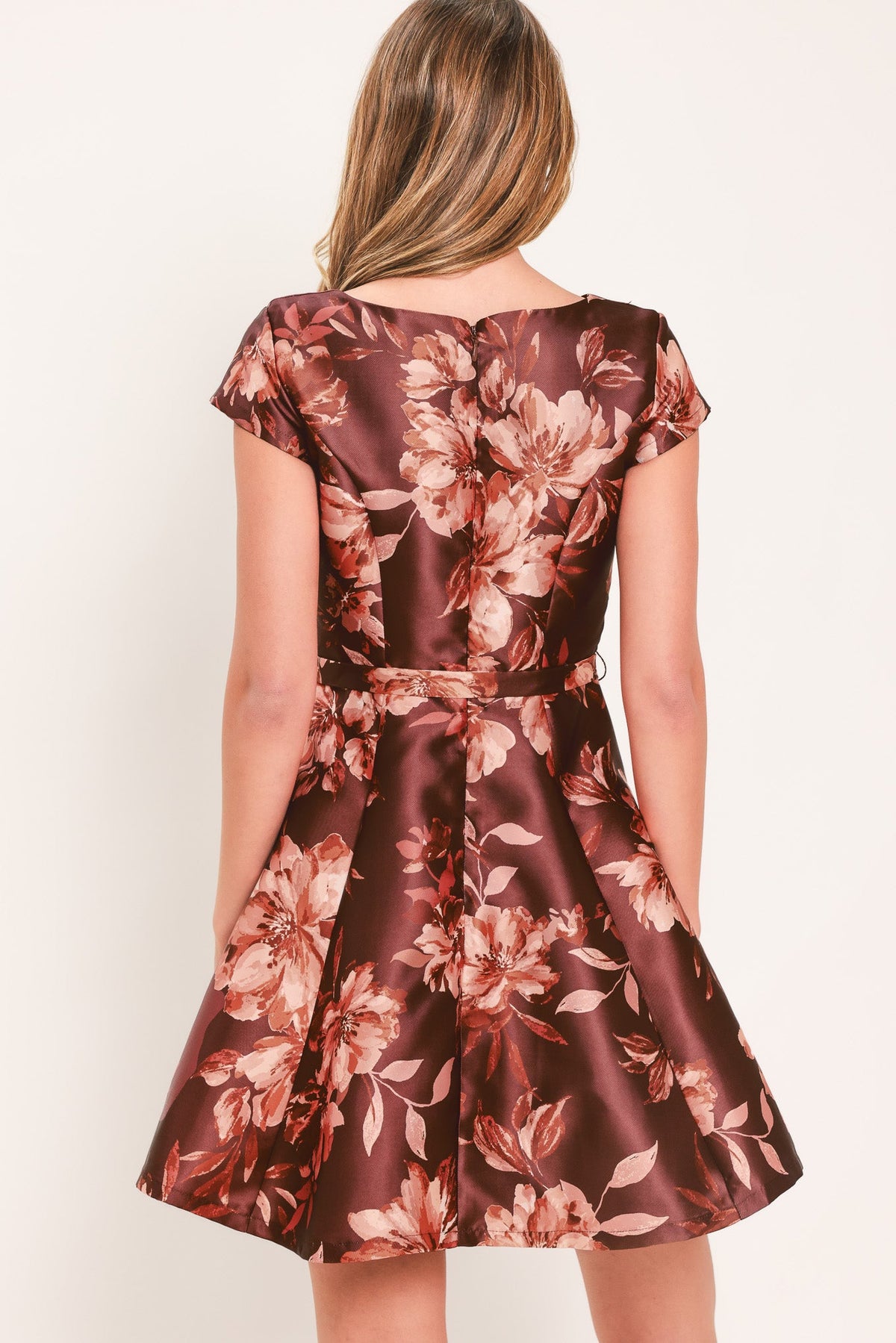 ID24389 BURGUNDY - MAHOGANY FLORAL SATIN MINI DRESS | Lady Black Tie