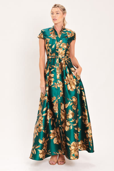 EMERALD GOLDEN BLOOM SATIN MAXI DRESS