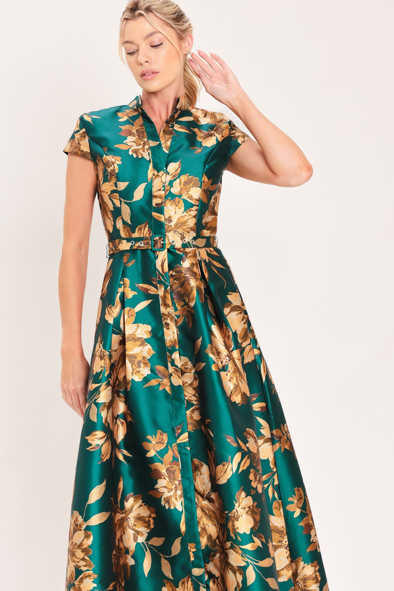 EMERALD GOLDEN BLOOM SATIN MAXI DRESS
