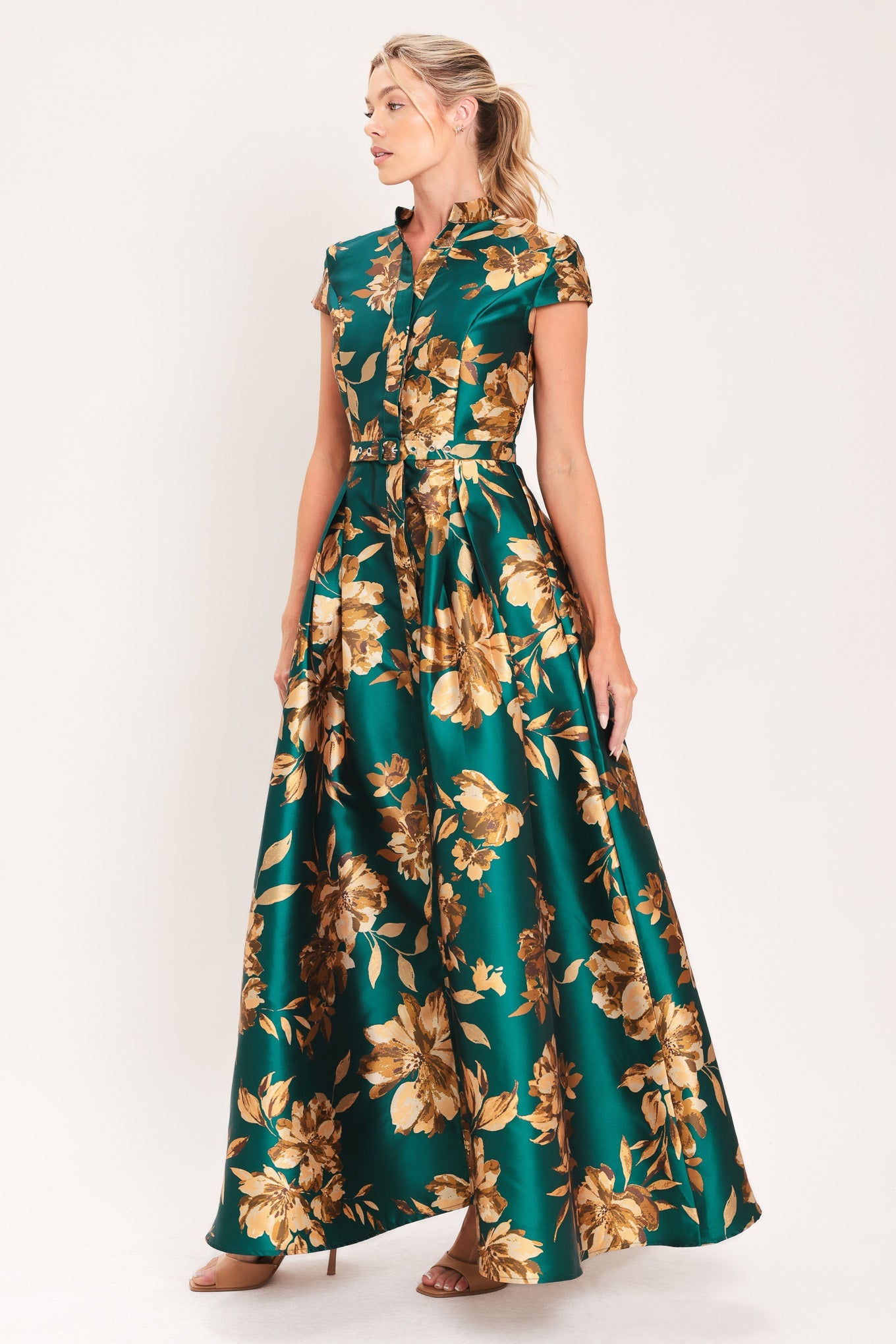 EMERALD GOLDEN BLOOM SATIN MAXI DRESS