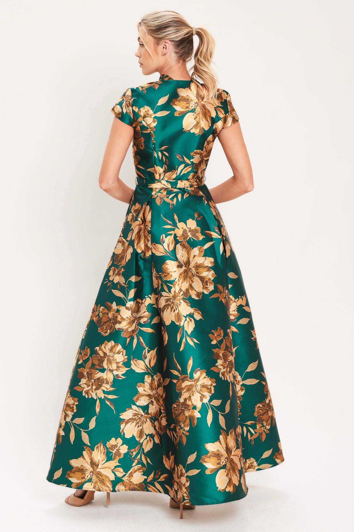 EMERALD GOLDEN BLOOM SATIN MAXI DRESS