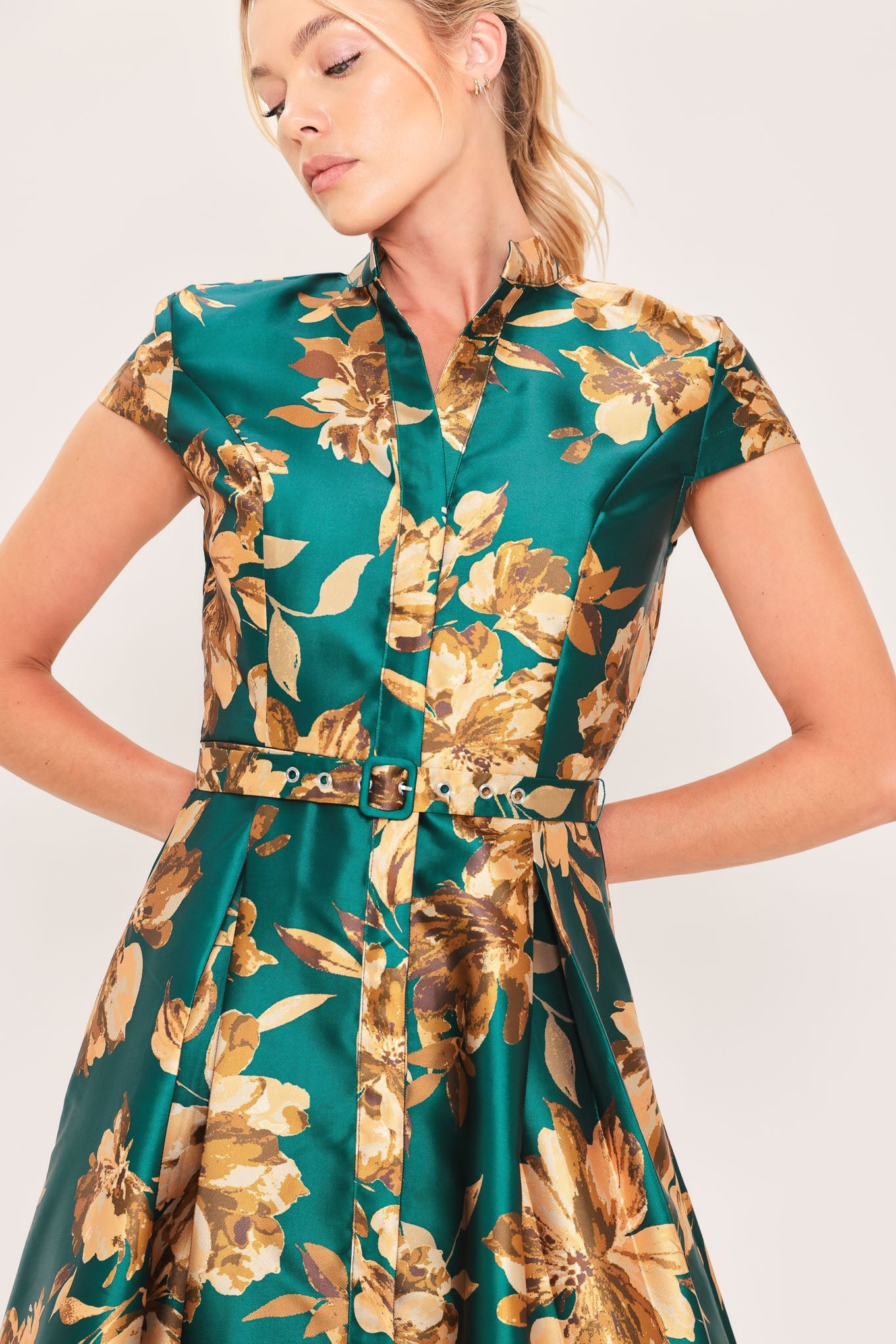 EMERALD GOLDEN BLOOM SATIN MAXI DRESS