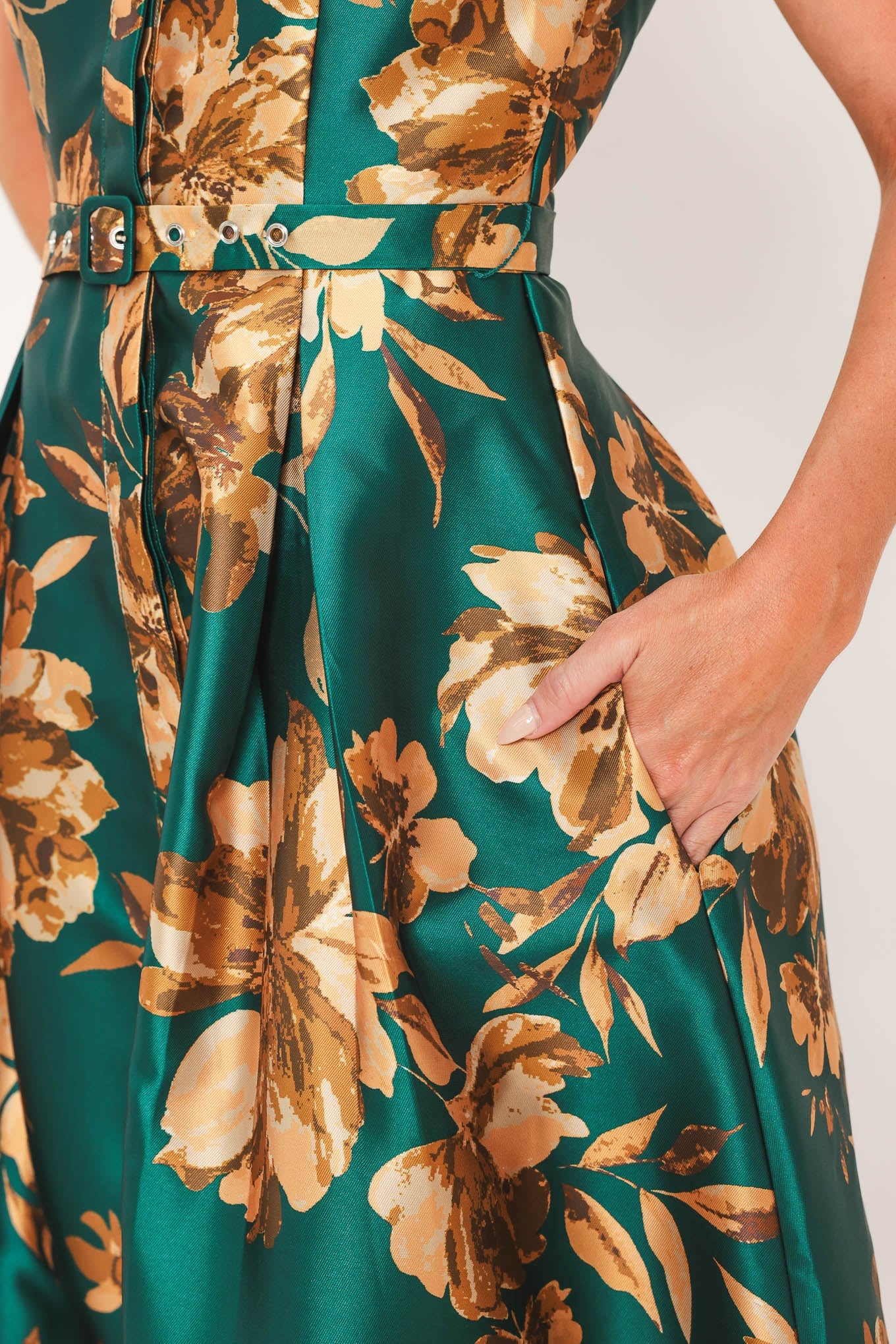 EMERALD GOLDEN BLOOM SATIN MAXI DRESS