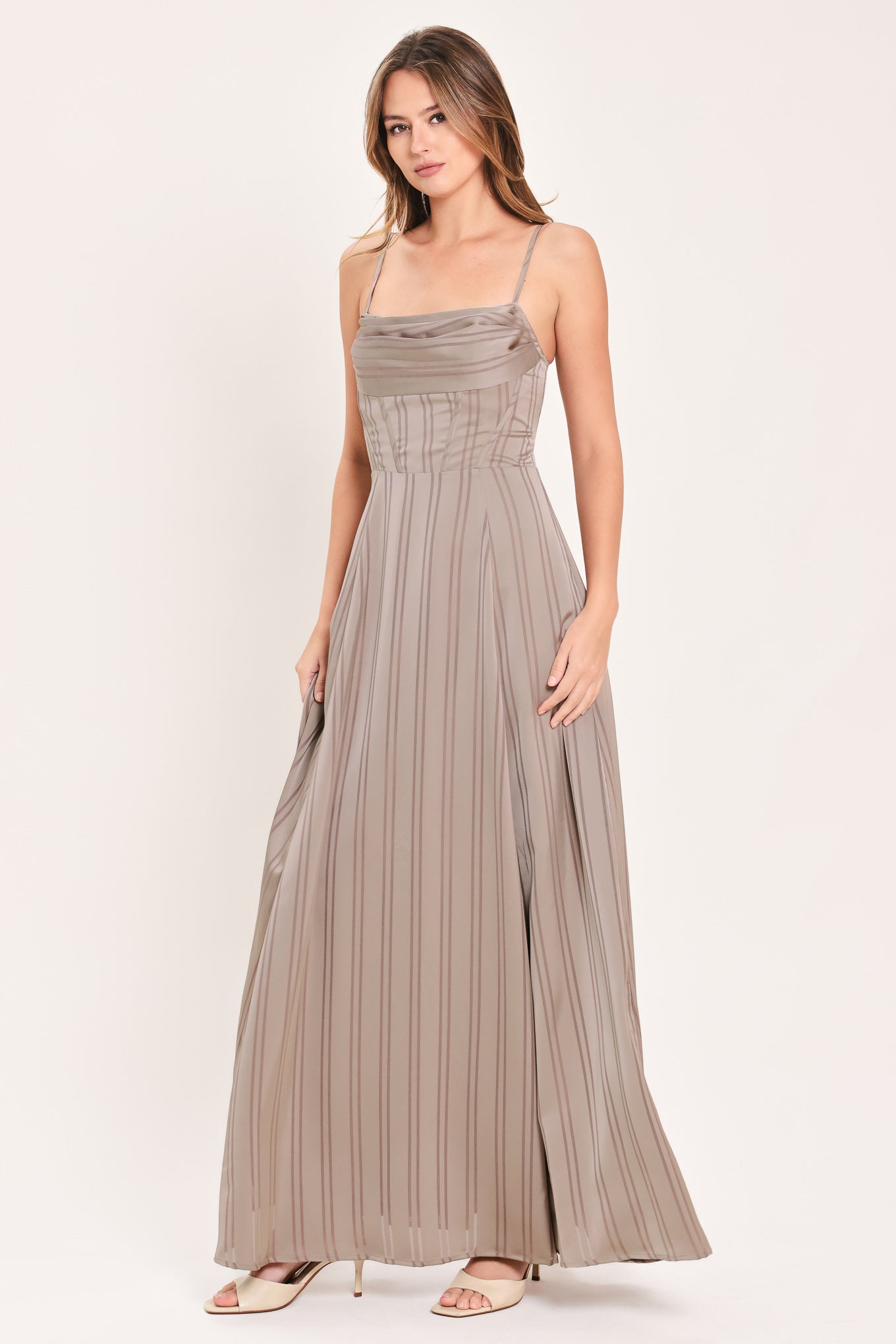 MISTED DAYBREAK - STONE STRIPE MAXI DRESS