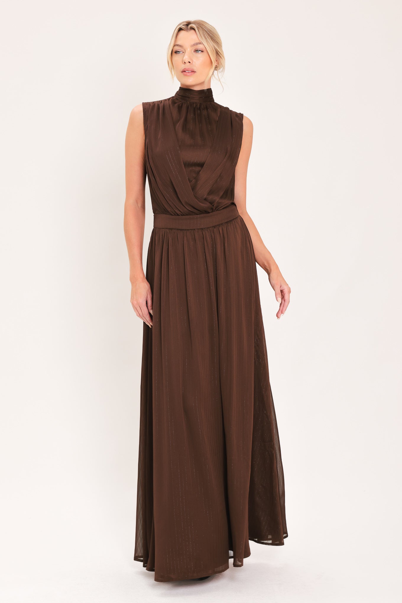 ESPRESSO GATHERED HIGH NECK MAXI DRESS