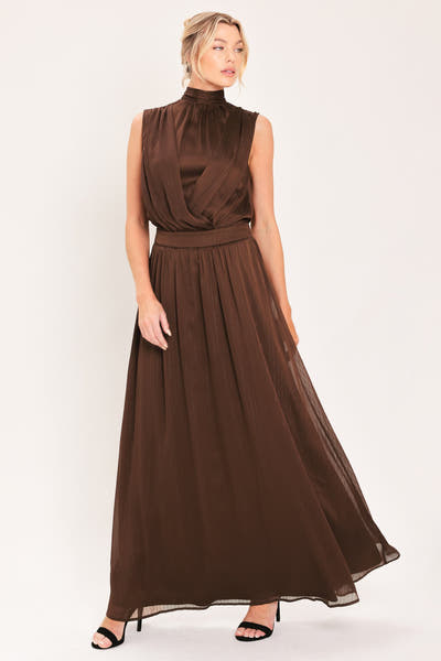 ESPRESSO GATHERED HIGH NECK MAXI DRESS