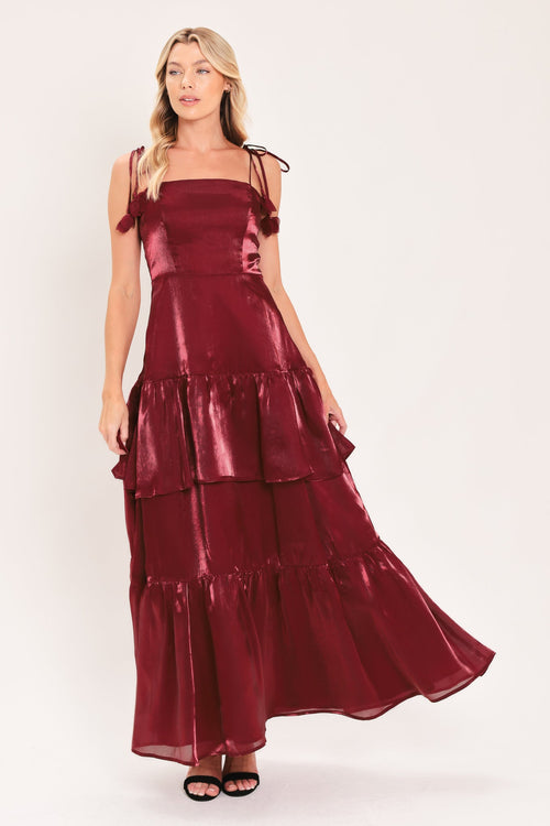 Burgundy Satin Tie Shoulder Ruffle Maxi Dress in Burgundy, front view | Lady Black Tie