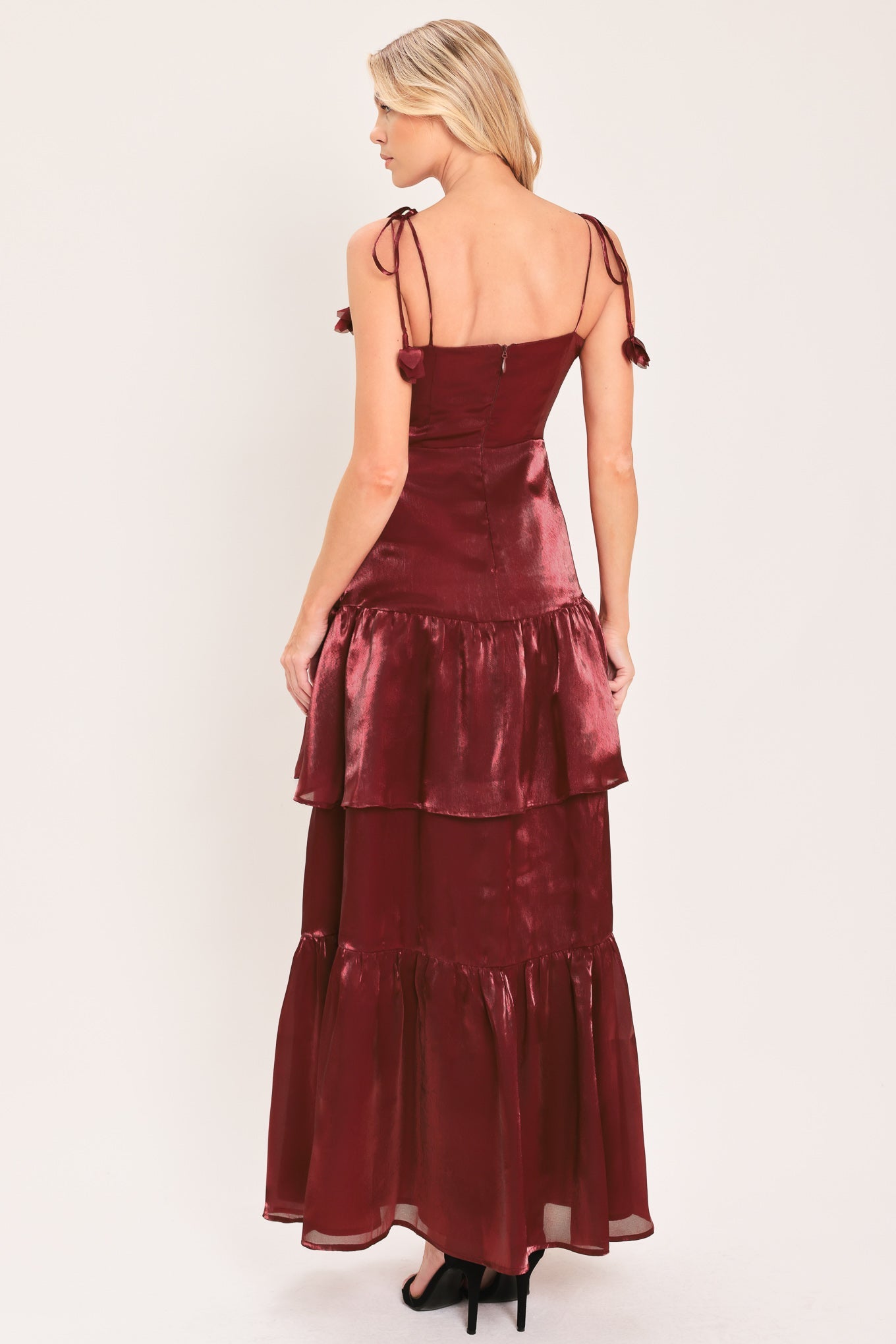 BORDEAUX BLOOM BURGUNDY SATIN MAXI DRESS