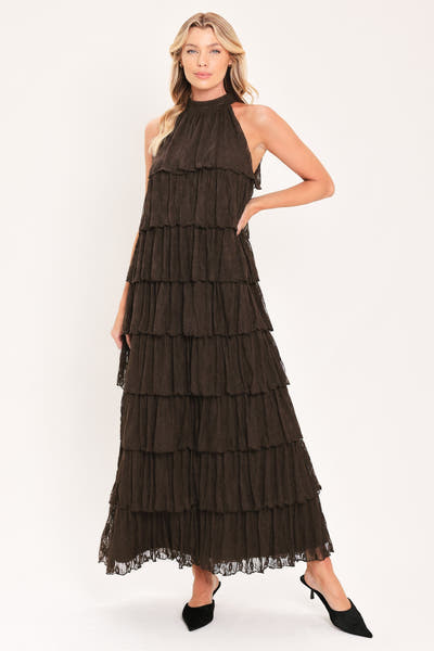DEEP BROWN LACE TIERED HALTER MAXI DRESS