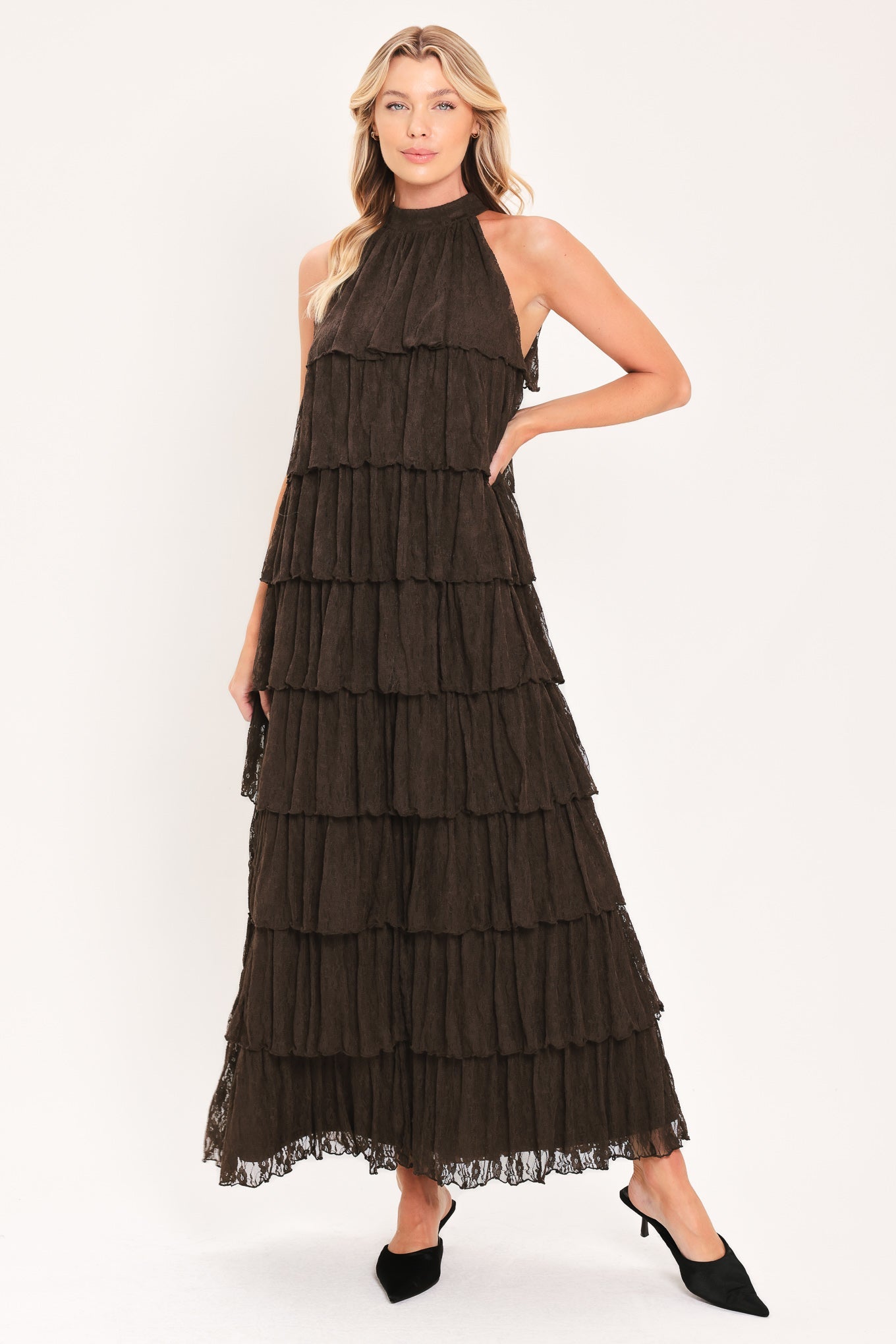 DEEP BROWN LACE TIERED HALTER MAXI DRESS