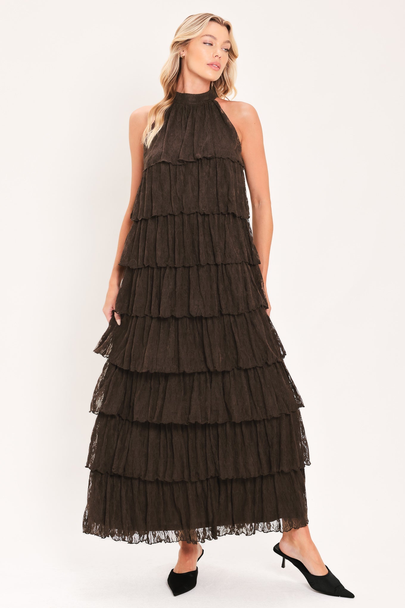 DEEP BROWN LACE TIERED HALTER MAXI DRESS