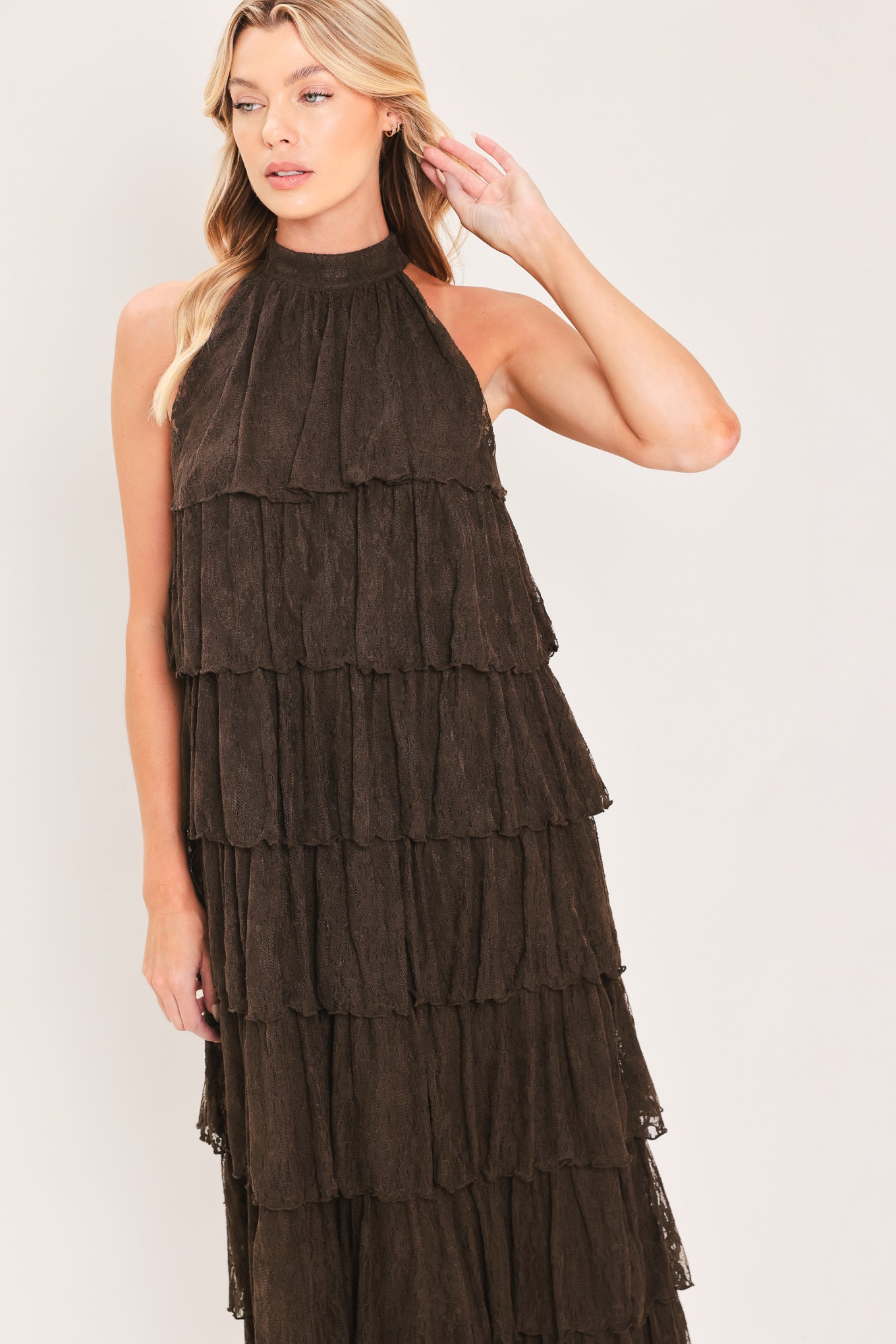 DEEP BROWN LACE TIERED HALTER MAXI DRESS