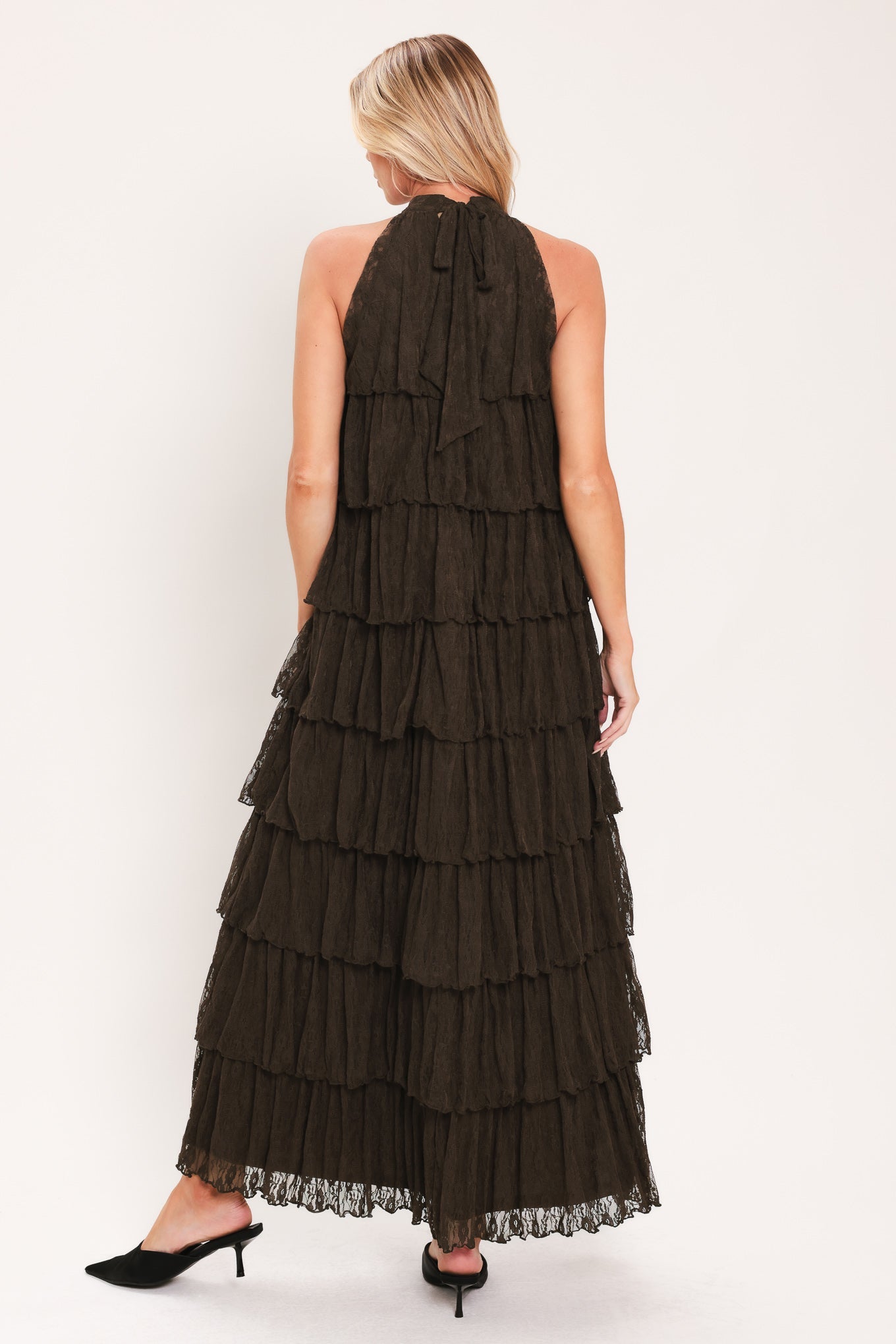 DEEP BROWN LACE TIERED HALTER MAXI DRESS