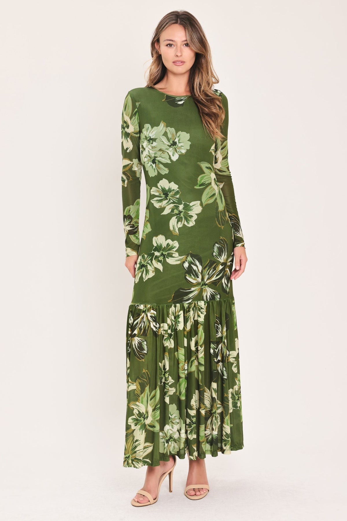 ENCHANTED GROVE - MOSS GREEN PRINTED MAXI DRESS | Lady Black Tie