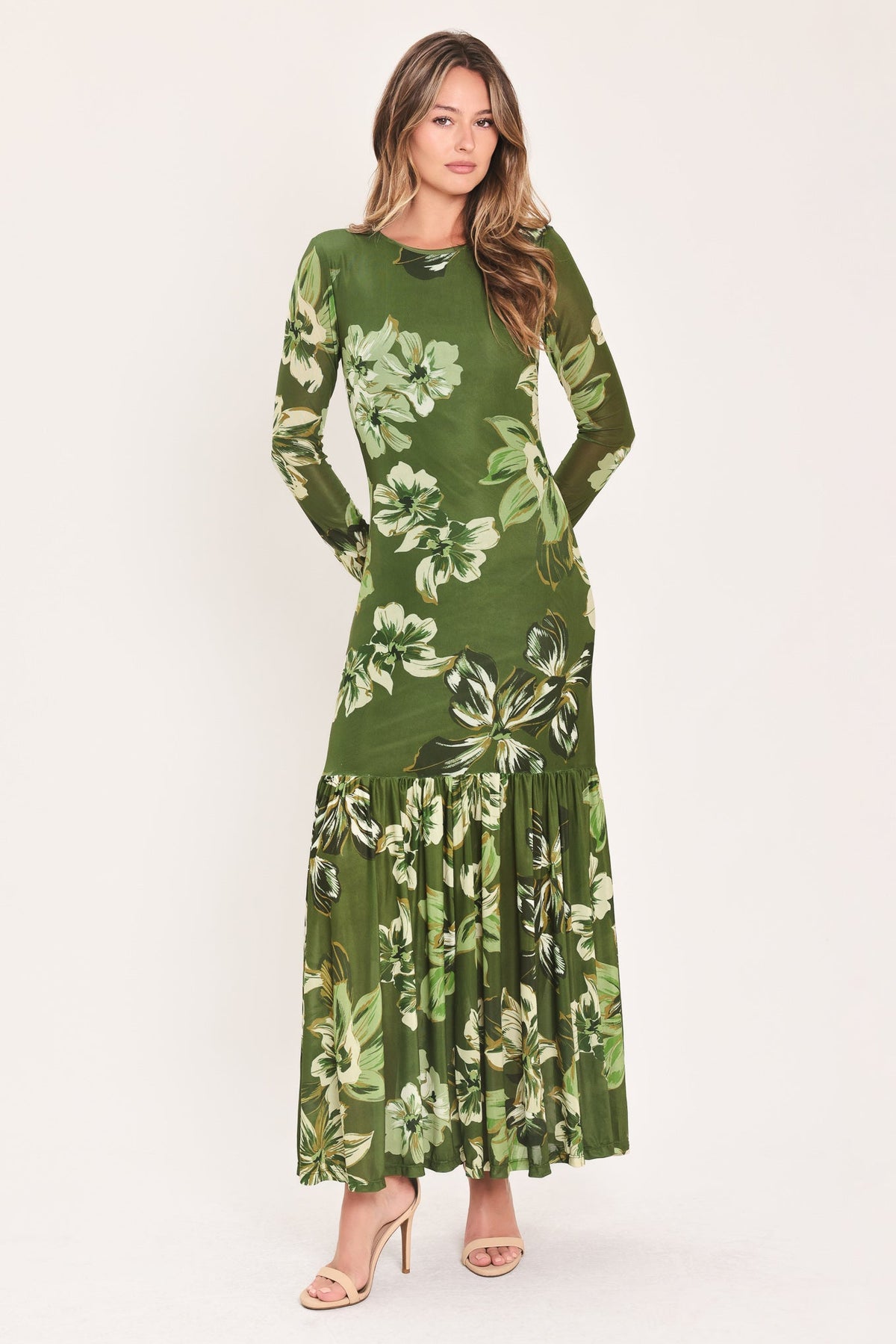 ENCHANTED GROVE - MOSS GREEN PRINTED MAXI DRESS | Lady Black Tie