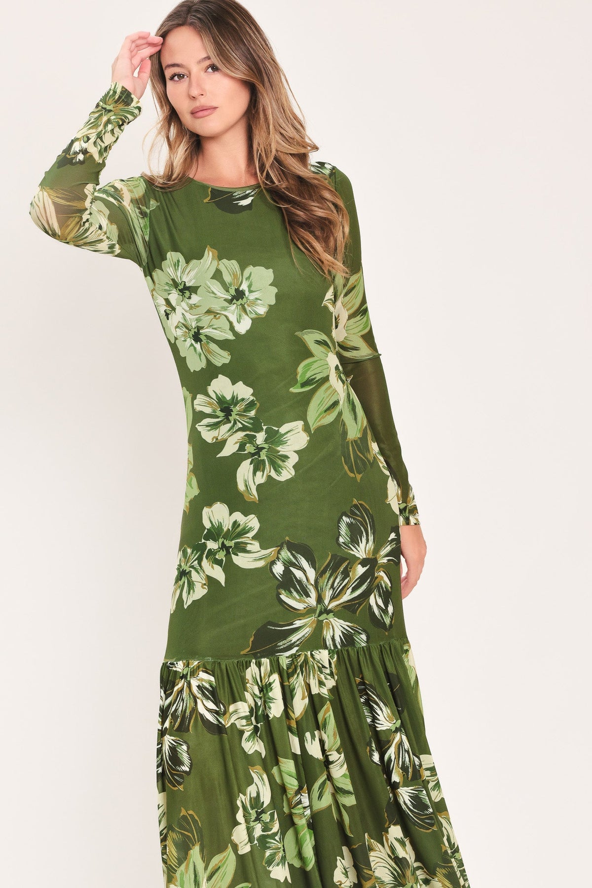 ENCHANTED GROVE - MOSS GREEN PRINTED MAXI DRESS | Lady Black Tie