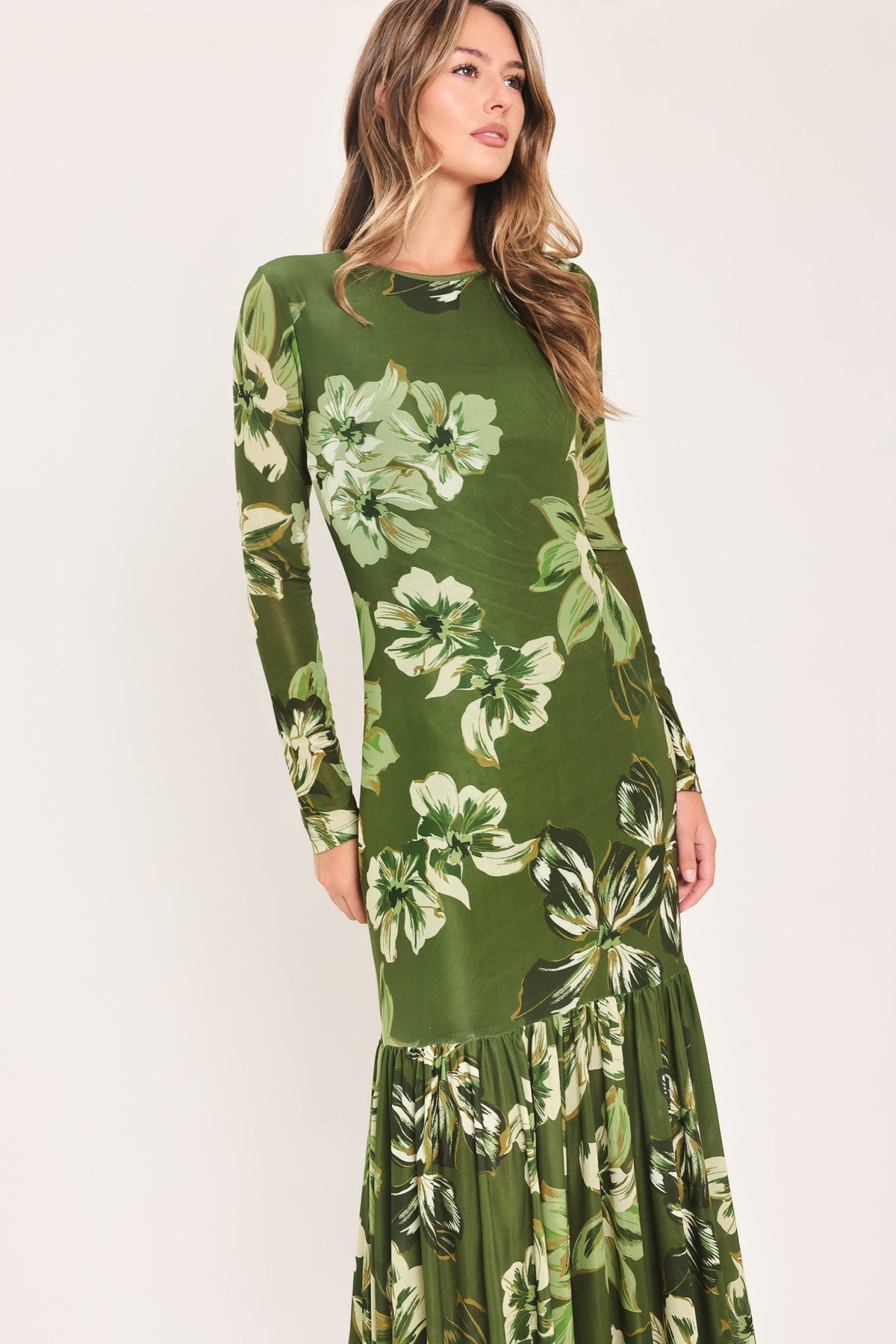 ENCHANTED GROVE - MOSS GREEN PRINTED MAXI DRESS | Lady Black Tie