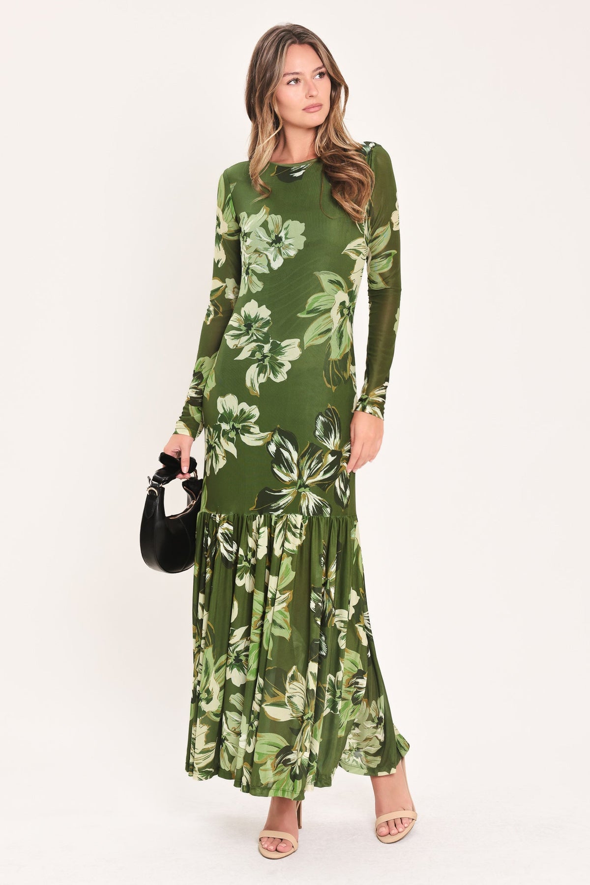 ENCHANTED GROVE - MOSS GREEN PRINTED MAXI DRESS| Lady Black Tie