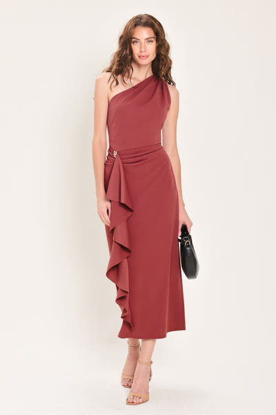 Burnt Sienna One Shoulder Side Ruffle Midi Dress