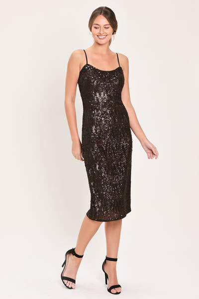 BRONZE GLOW BROWN SEQUIN SLIP MIDI DRESS