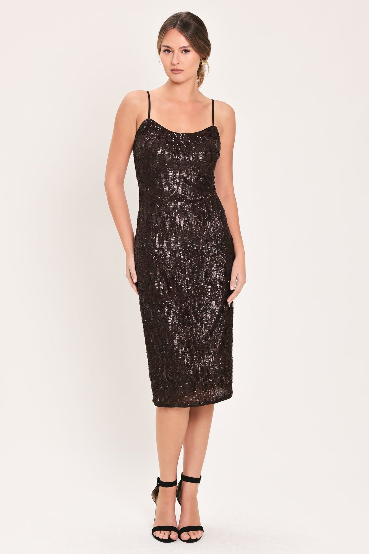 BRONZE GLOW BROWN SEQUIN SLIP MIDI DRESS