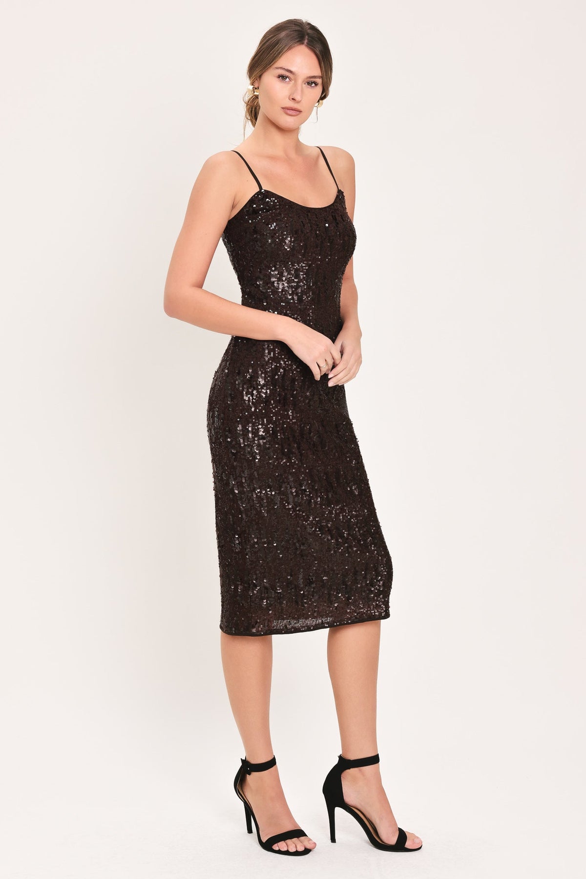 BRONZE GLOW BROWN SEQUIN SLIP MIDI DRESS