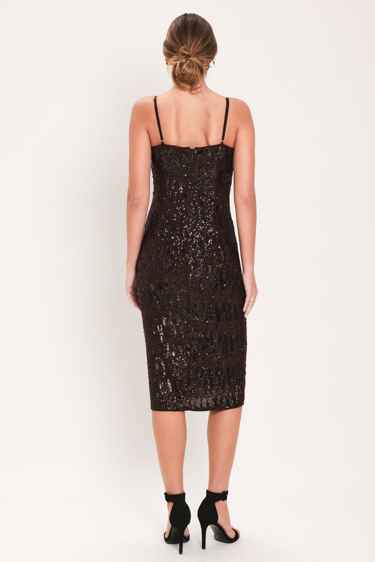 BRONZE GLOW BROWN SEQUIN SLIP MIDI DRESS