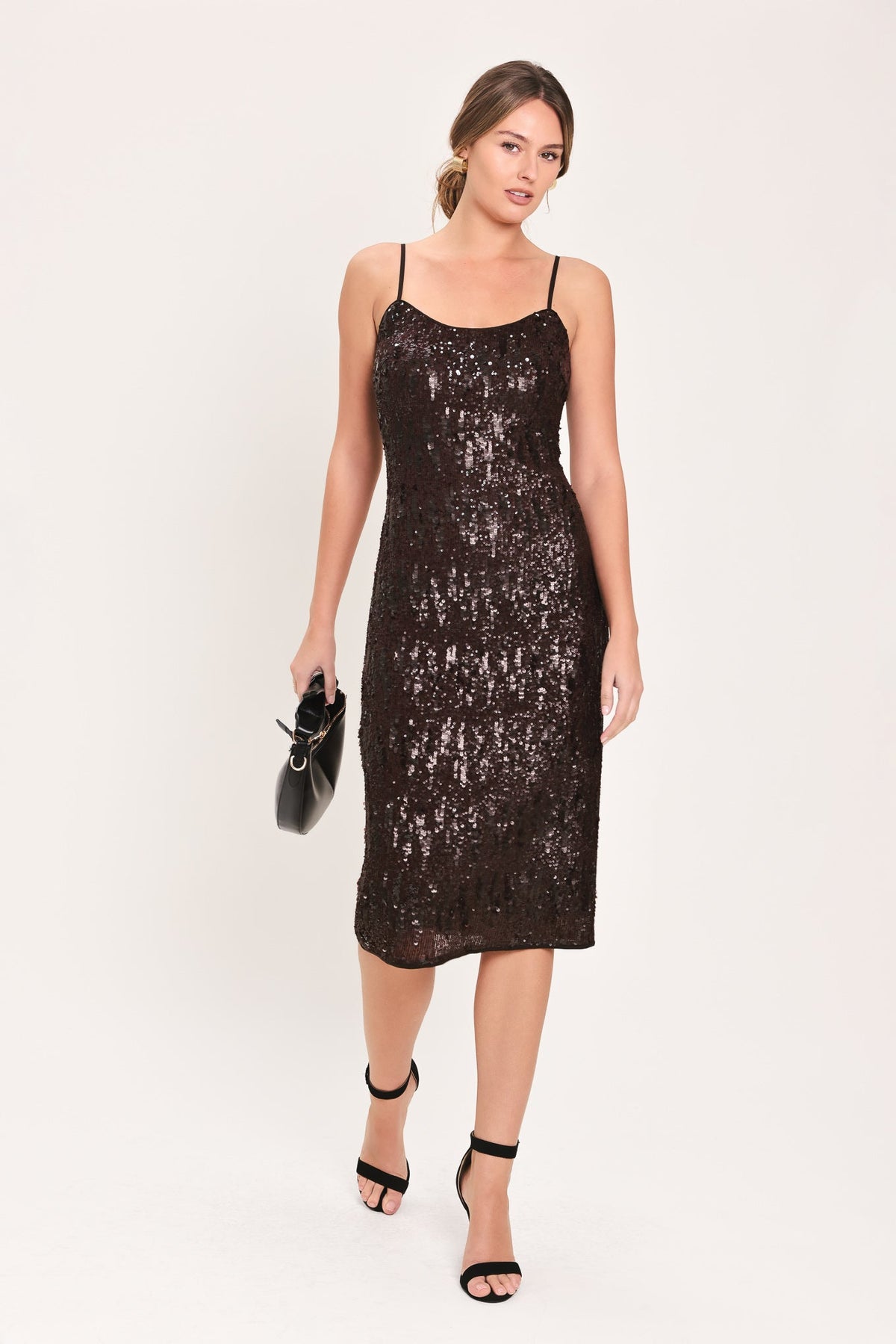 BRONZE GLOW BROWN SEQUIN SLIP MIDI DRESS