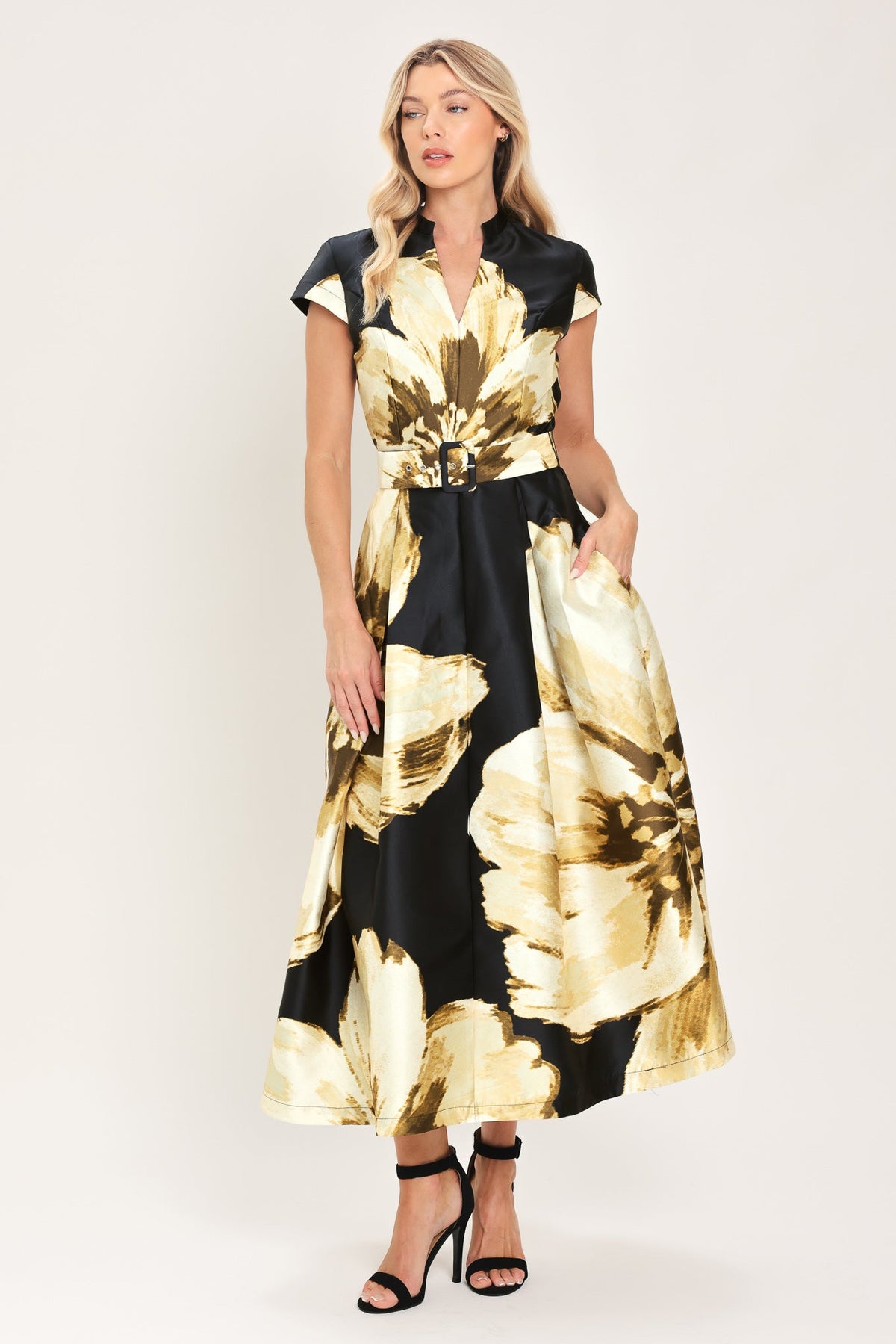 NOIR CHARM BLACK PRINTED BELTED MIDI DRESS