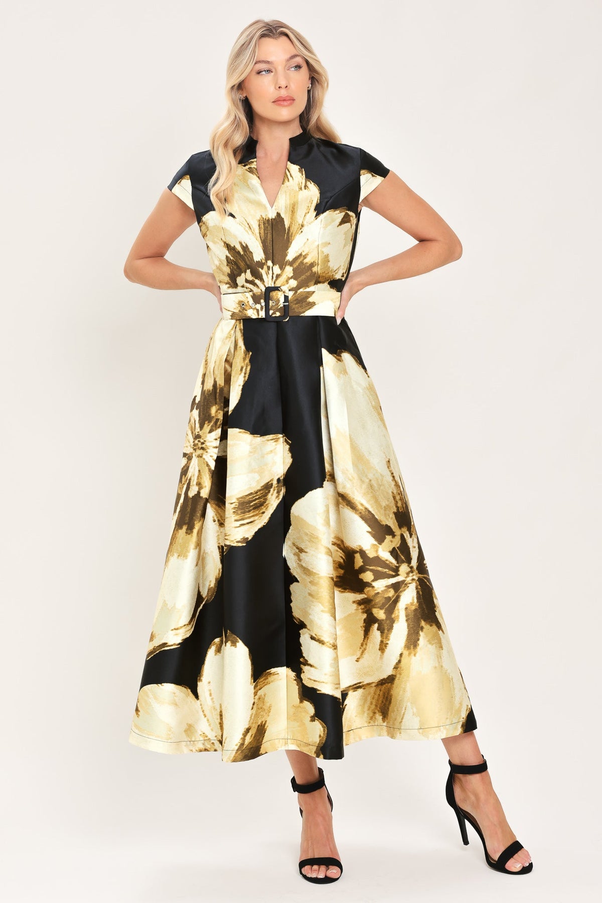 NOIR CHARM BLACK PRINTED BELTED MIDI DRESS