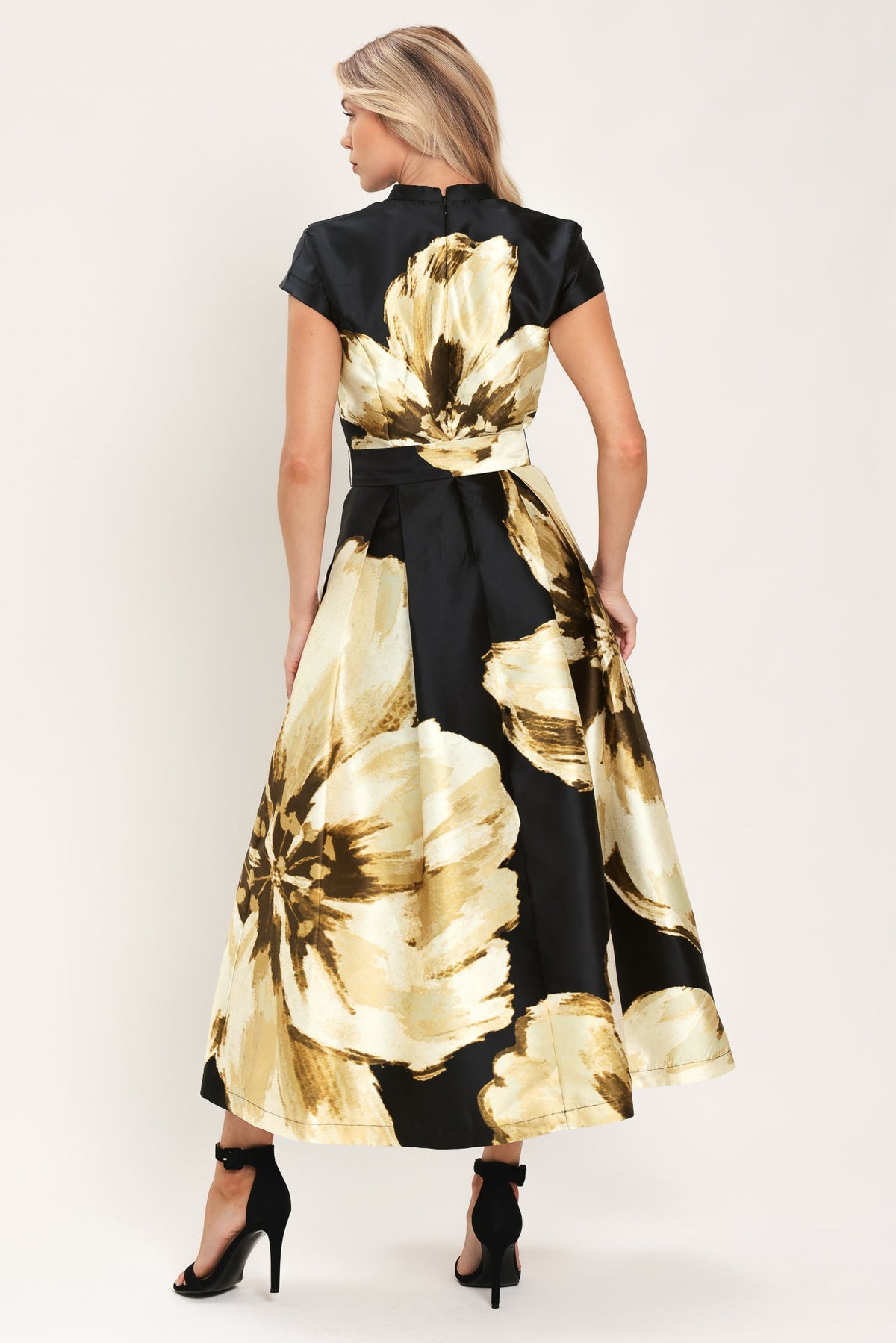 NOIR CHARM BLACK PRINTED BELTED MIDI DRESS