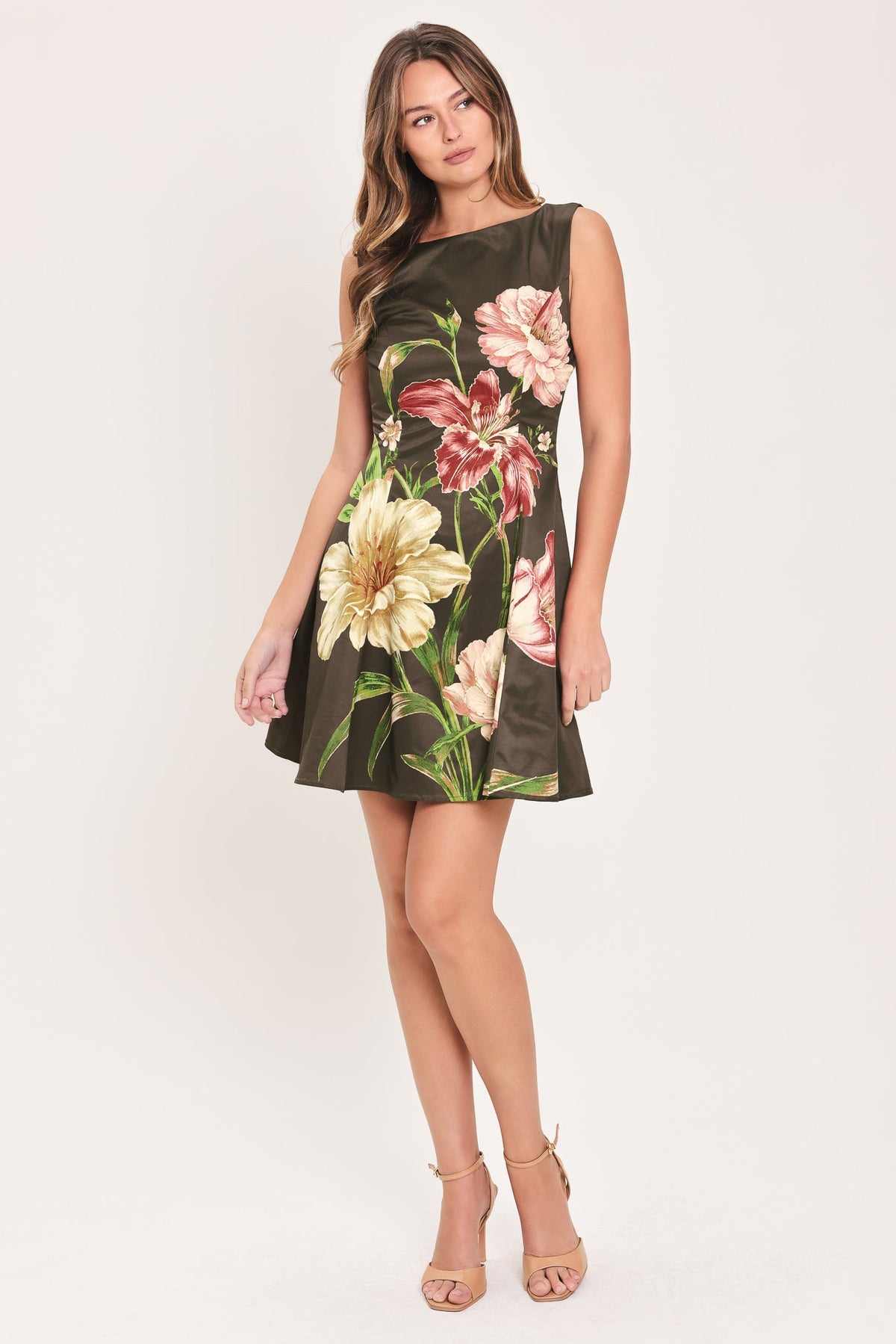 Dark Brown Floral Sleeveless Skater Mini Dress in Dark Brown, alternate view | Lady Black Tie