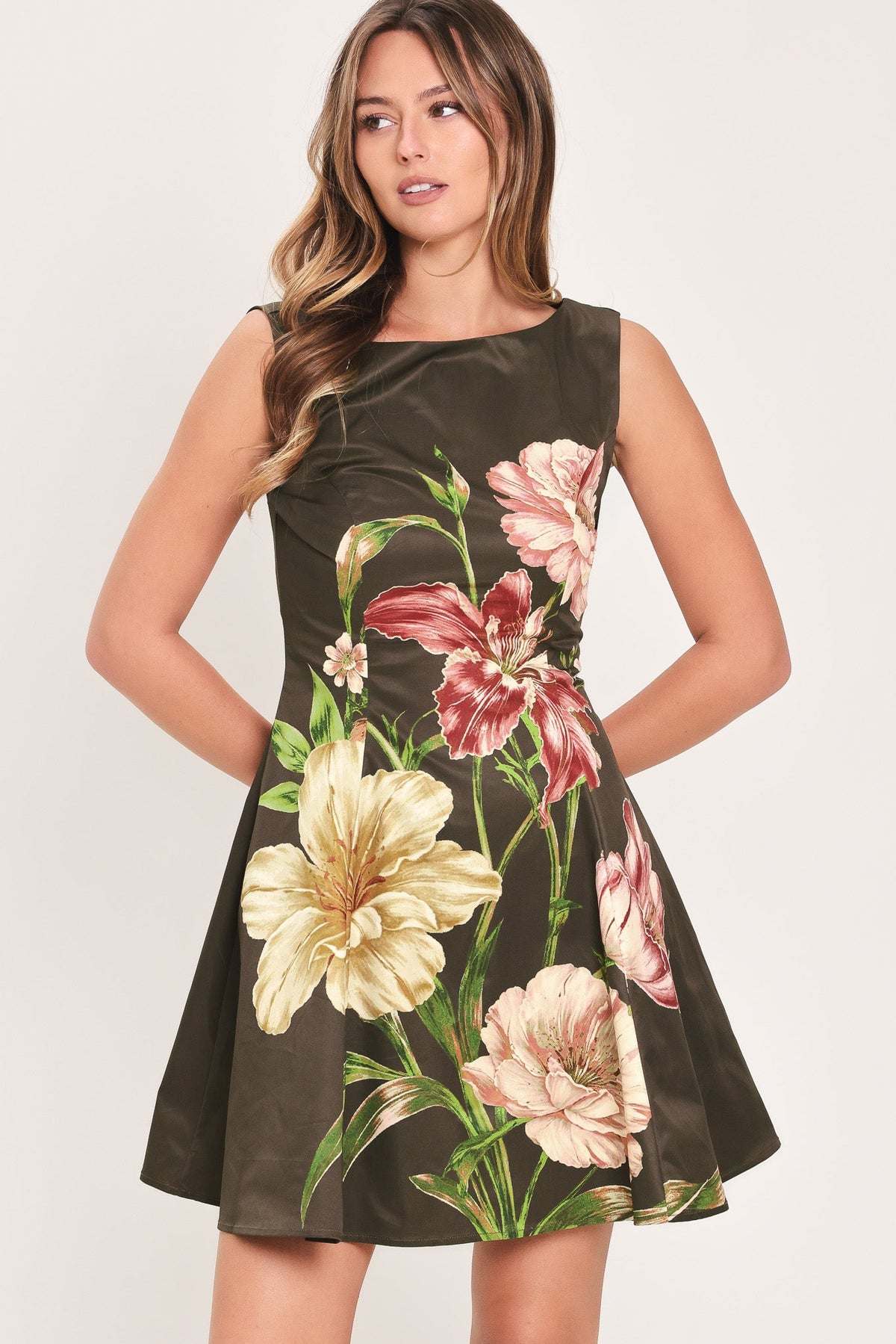 Dark Brown Floral Sleeveless Skater Mini Dress in Dark Brown, alternate view | Lady Black Tie