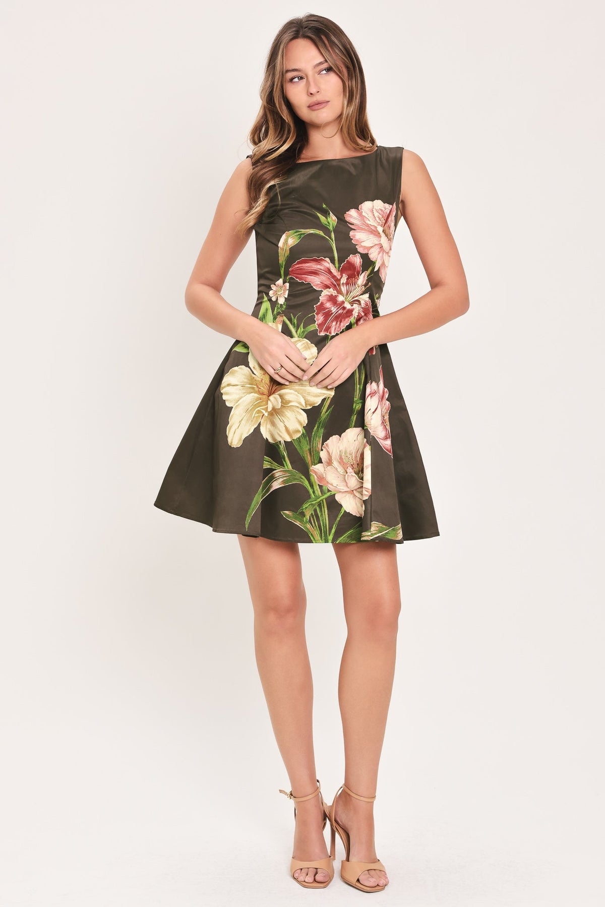 Dark Brown Floral Sleeveless Skater Mini Dress in Dark Brown, alternate view | Lady Black Tie
