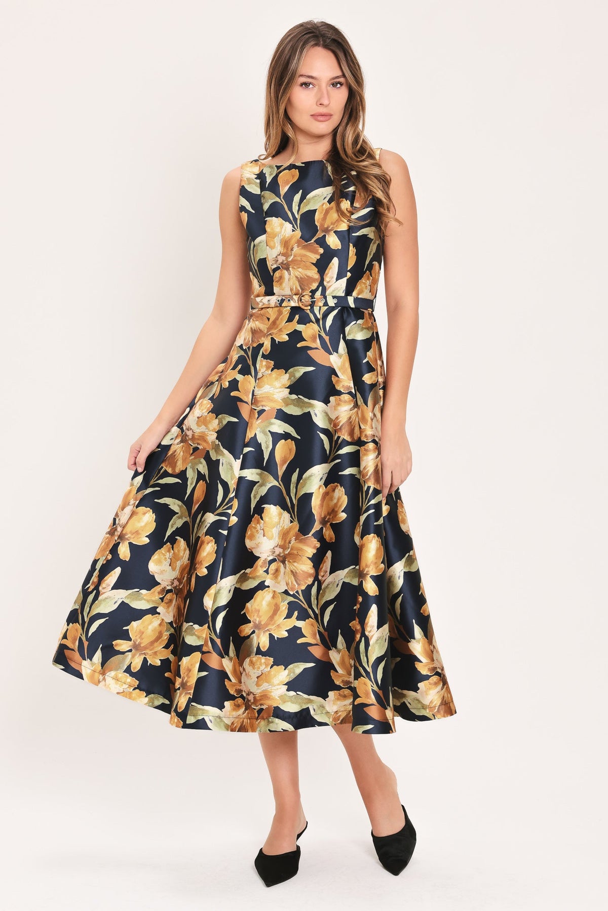 Navy and Gold Floral Belted Midi Dress in Navy, front view | Lady Black Tie