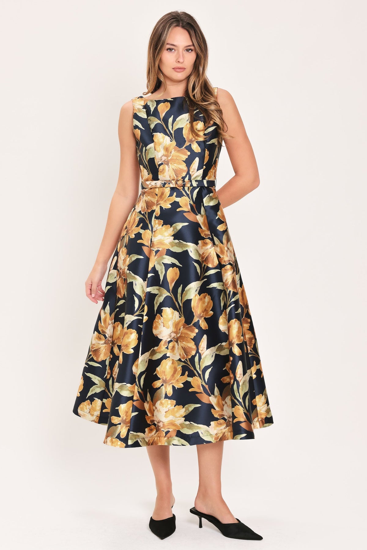Navy and Gold Floral Belted Midi Dress in Navy, alternate view | Lady Black Tie