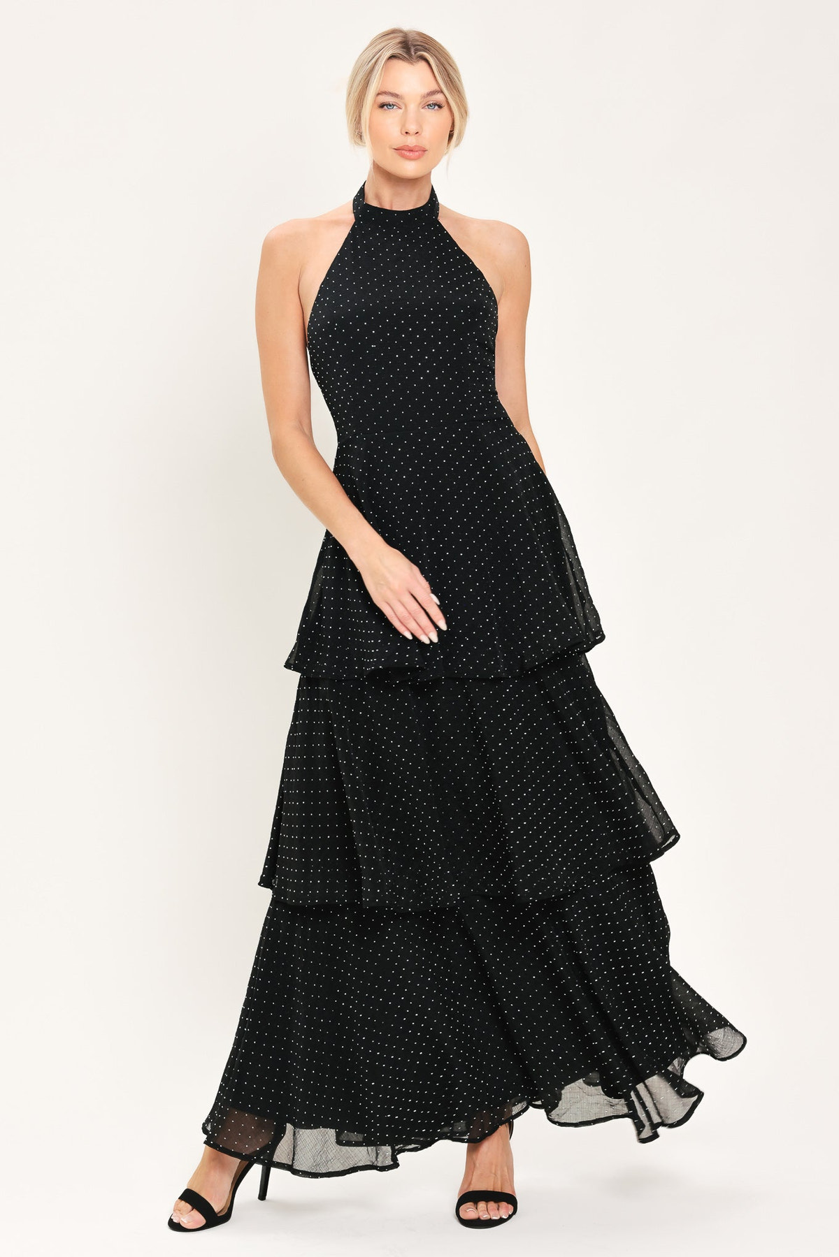 Black Rhinestone Halter Tiered Maxi Dress in Black, front view | Lady Black Tie
