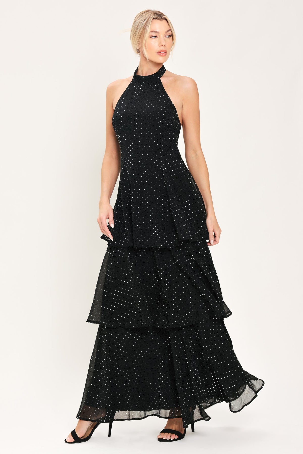Black Rhinestone Halter Tiered Maxi Dress in Black, front view | Lady Black Tie