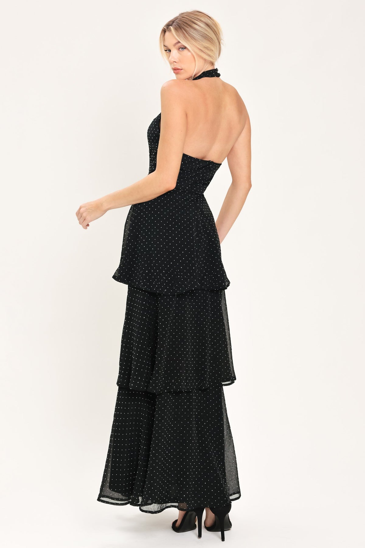 Black Rhinestone Halter Tiered Maxi Dress in Black, back view showing open back | Lady Black Tie