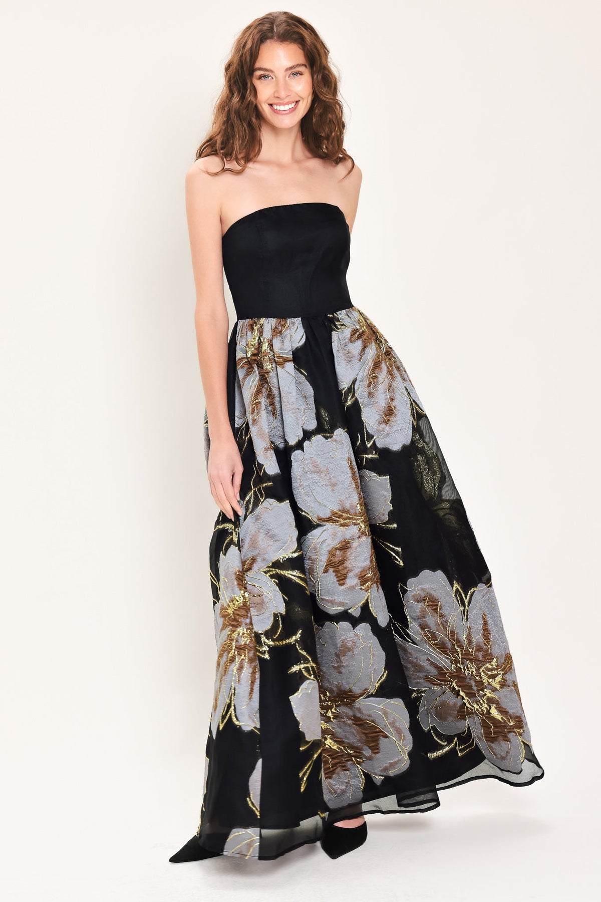 NOIR GARDEN BLACK STRAPLESS PRINTED MAXI DRESS