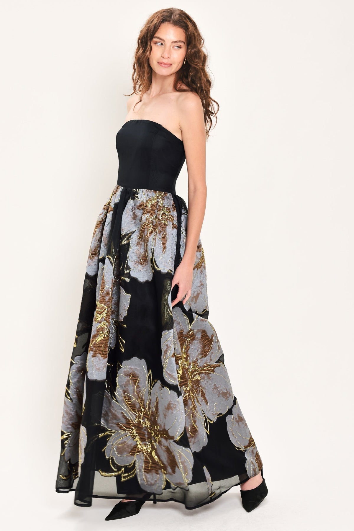 NOIR GARDEN BLACK STRAPLESS PRINTED MAXI DRESS